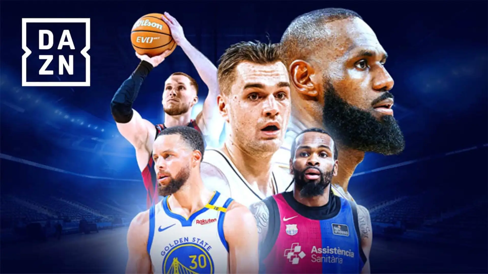 Promoción de baloncesto en DAZN con LeBron James, Stephen Curry y otros jugadores de la NBA y ligas europeas.