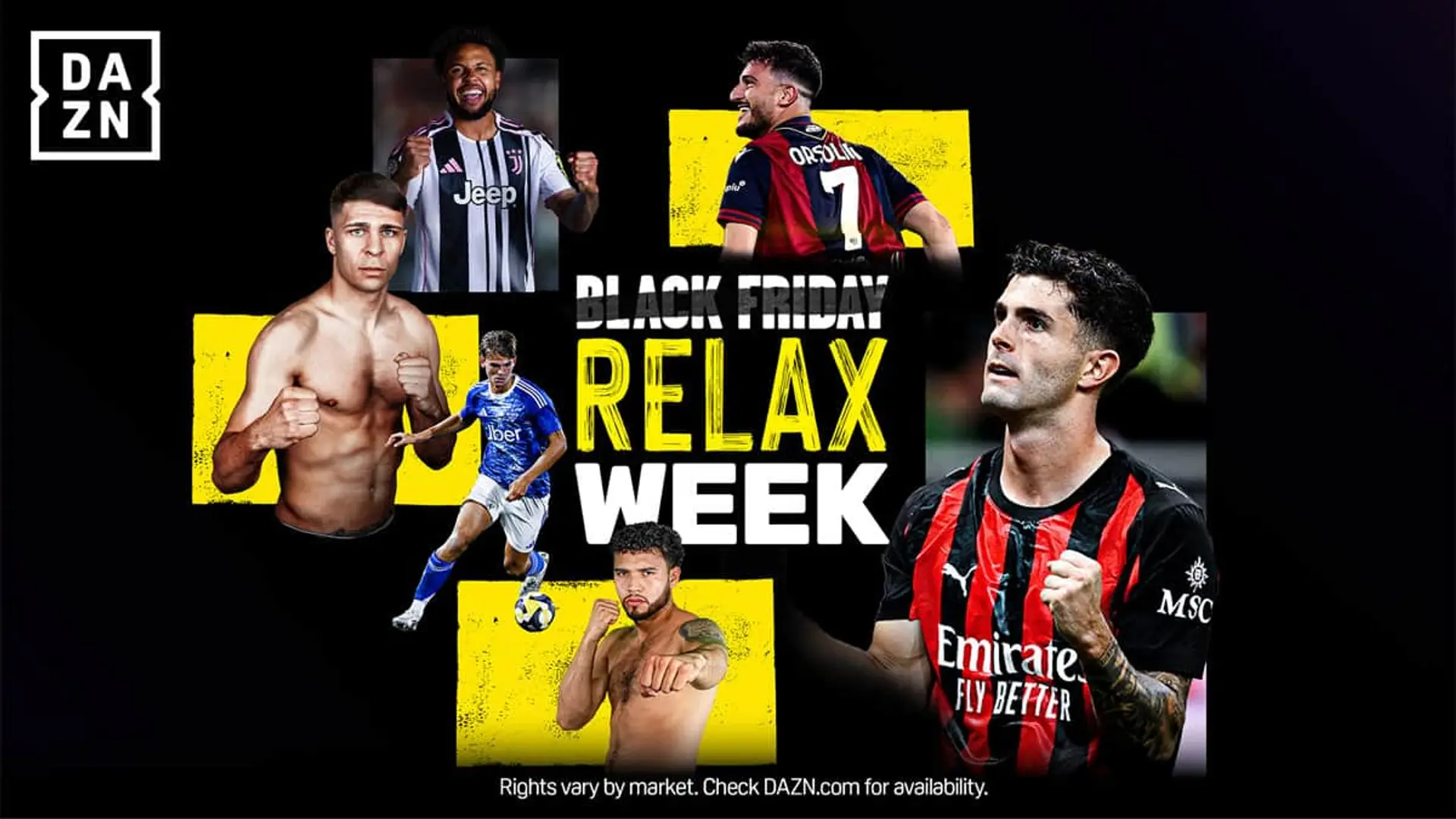 Promoción Black Friday Relax Week de DAZN con collage de fútbol y boxeo.