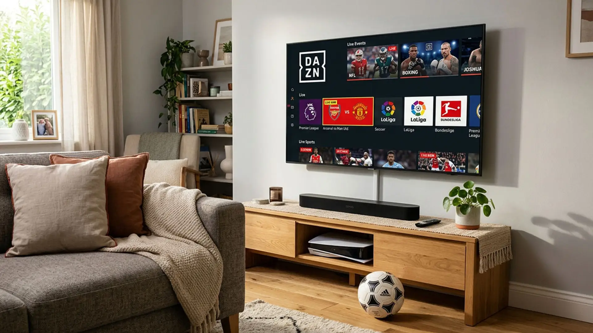 Televisor con la plataforma DAZN mostrando fútbol y otros deportes en un salón con un balón en primer plano