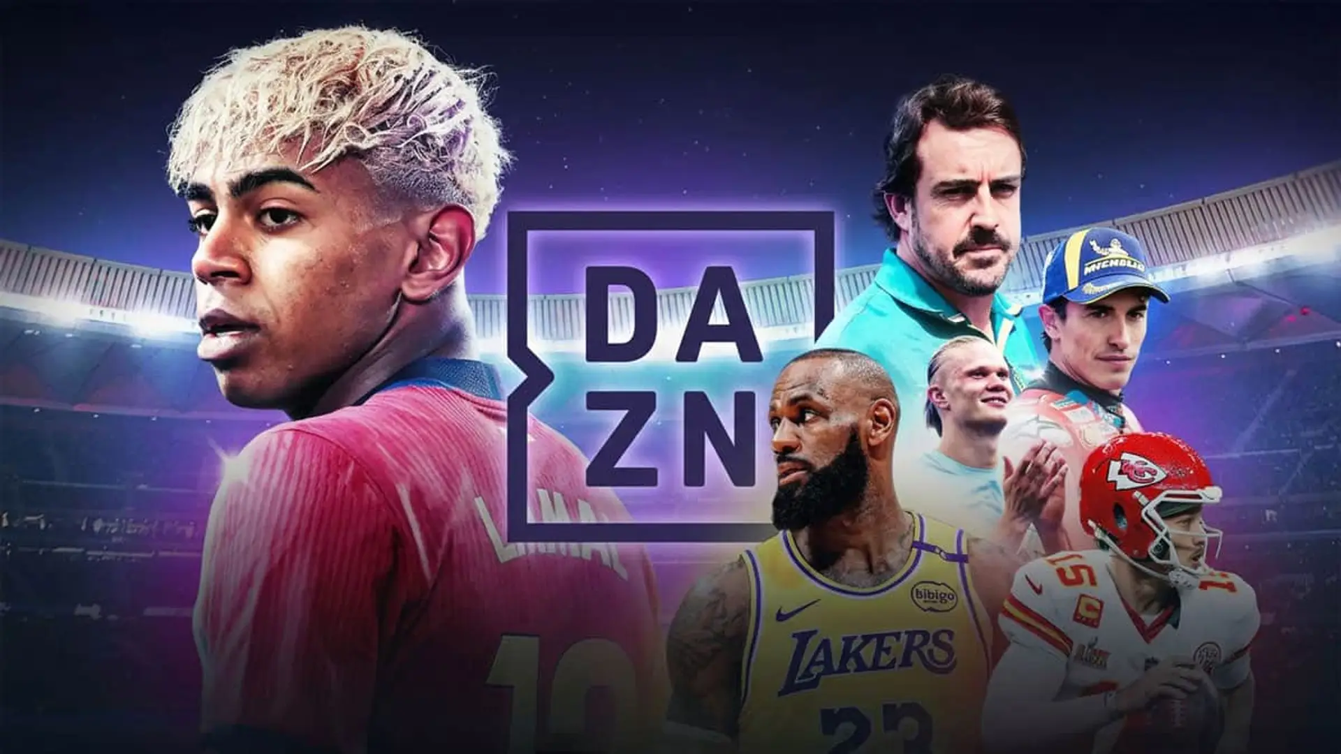 Logotipo de DAZN rodeado de figuras del deporte como Lamine Yamal, Fernando Alonso, LeBron James y Marc Márquez.