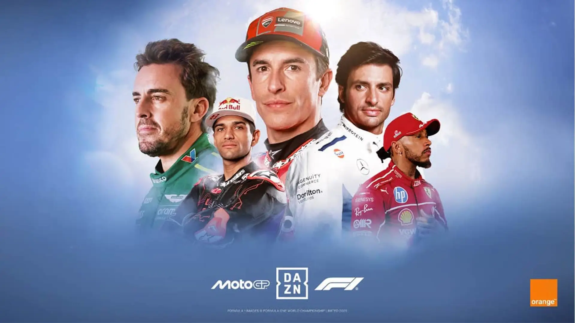 Fernando Alonso y Marc Márquez con los logos de DAZN F1 y MotoGP para la oferta de motor de Orange TV.