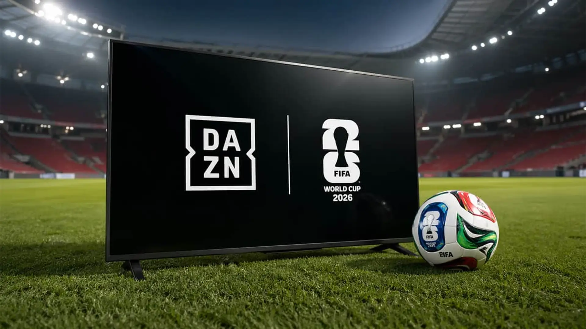 Televisor en un estadio mostrando los logos de DAZN y el Mundial FIFA 2026 junto a un balón oficial