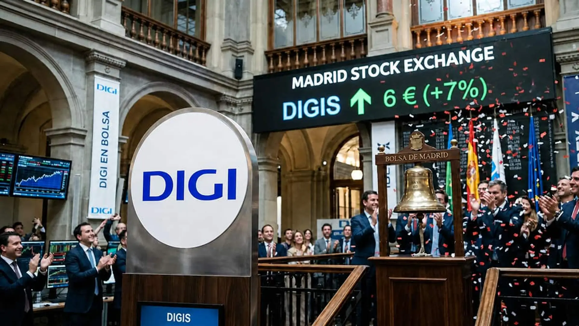 Logotipo de Digi junto a la campana de la Bolsa de Madrid, con un panel que muestra una subida de la cotización y varias personas aplaudiendo