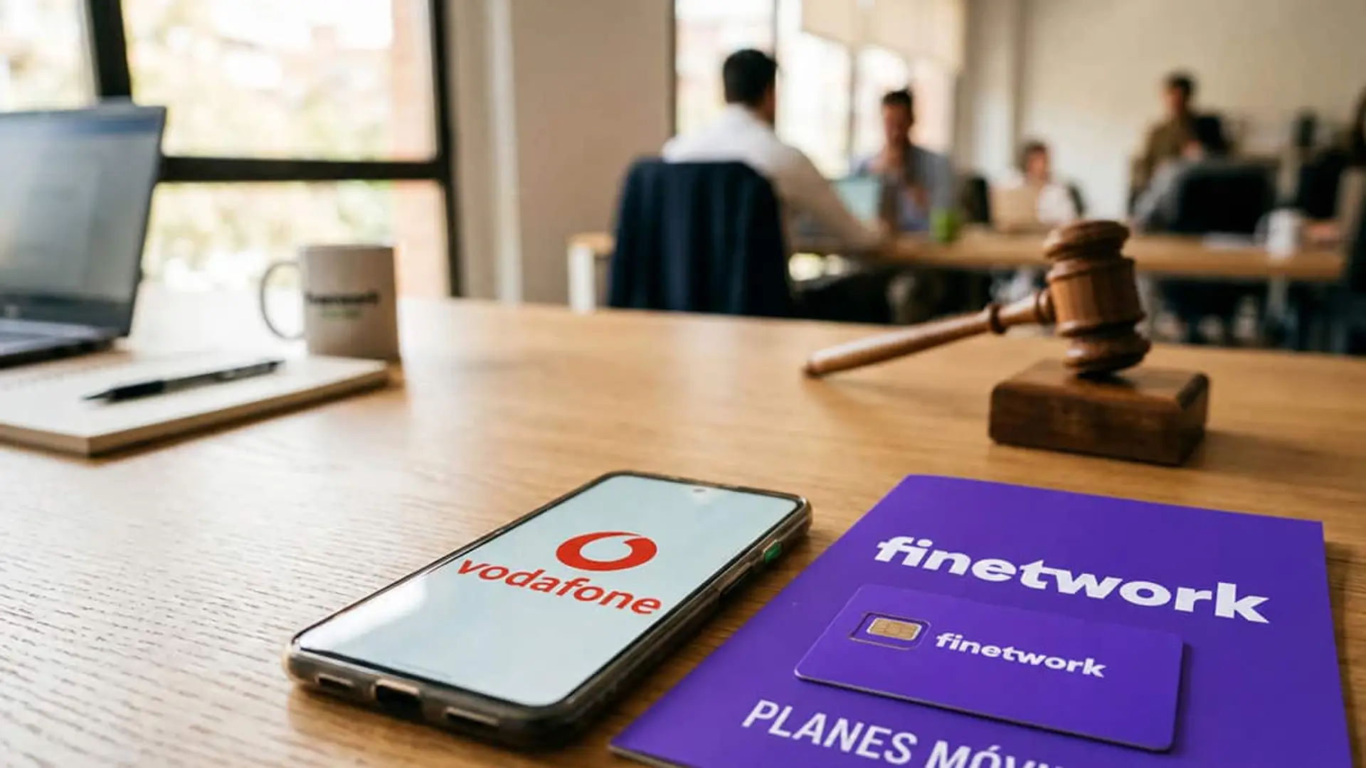Teléfono con el logotipo de Vodafone junto a documentación de Finetwork y un mazo de juez que representa un litigio entre operadores de telecomunicaciones