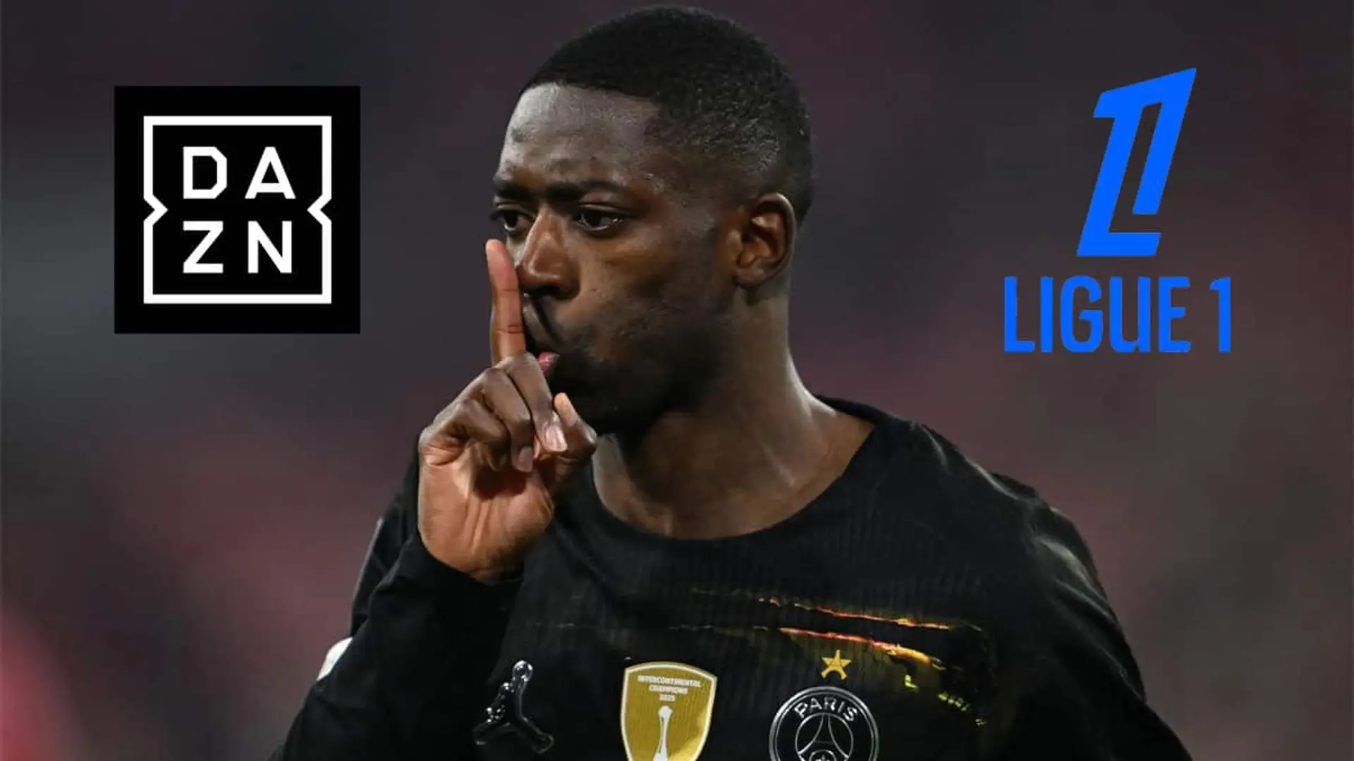 Dembelé, jugador del PSG ,con los logotipos de DAZN y Ligue 1 sobre la imagen