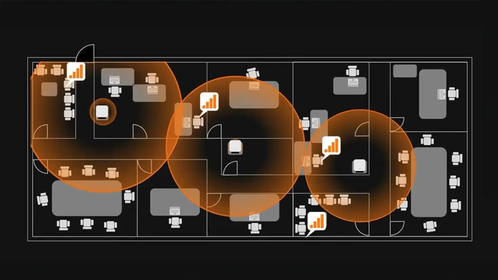 ¿Mala cobertura en interiores? Orange tiene la solución con este mini repetidor Diagrama de cobertura móvil con femtoceldas Orange en oficinas y áreas de trabajo.