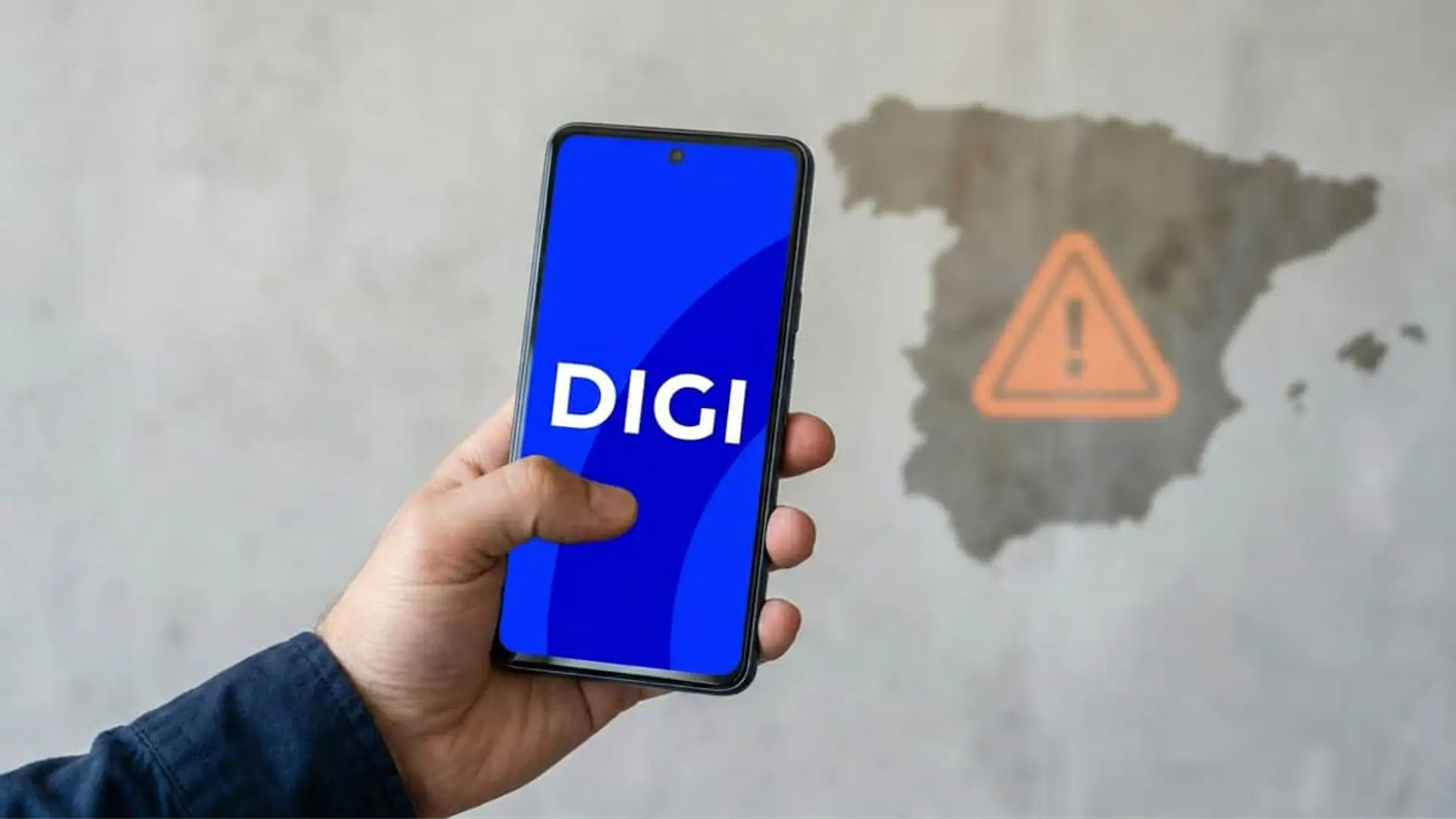 Mano sostiene móvil con logo DIGI; al fondo, mapa de España con símbolo de alerta.