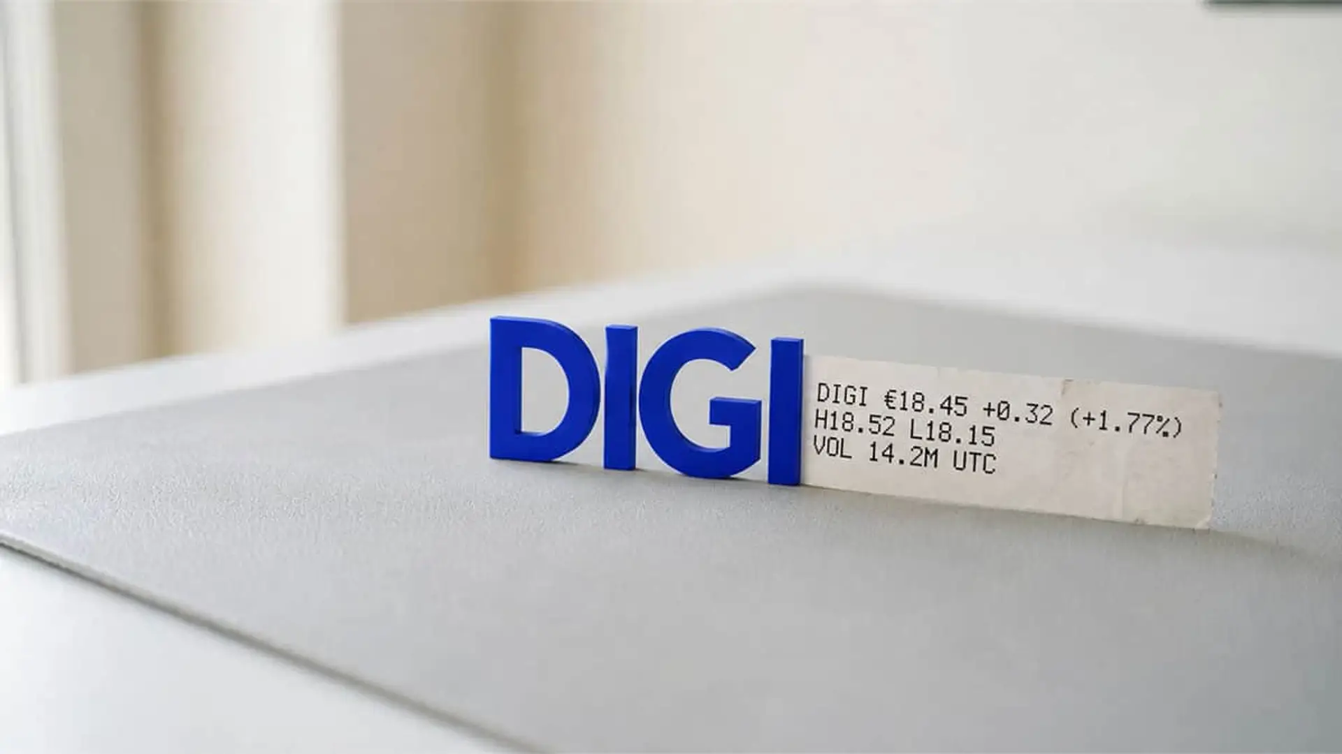 Letras azules DIGI junto a ticket con cotización bursátil sobre una superficie gris