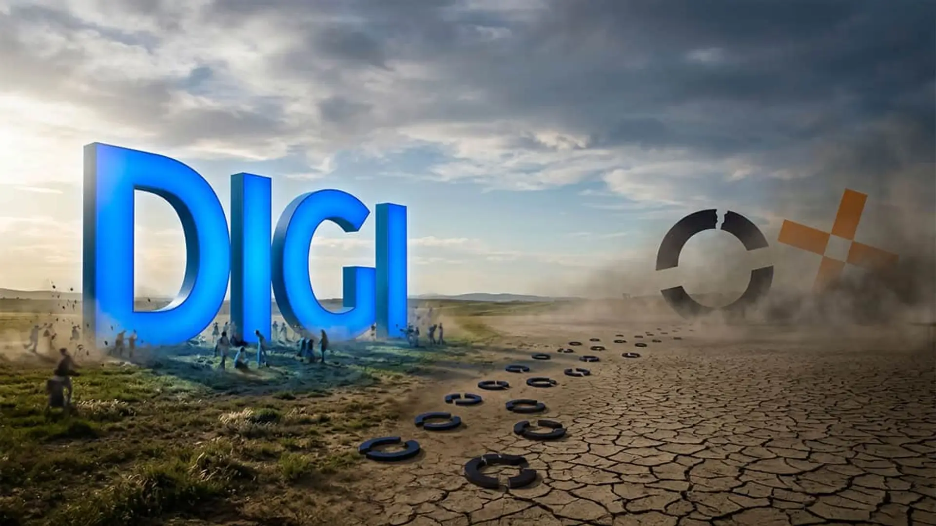 Logotipo de DIGI frente al logo de MasOrange en un desierto para representar la competencia en el mercado de telecomunicaciones.