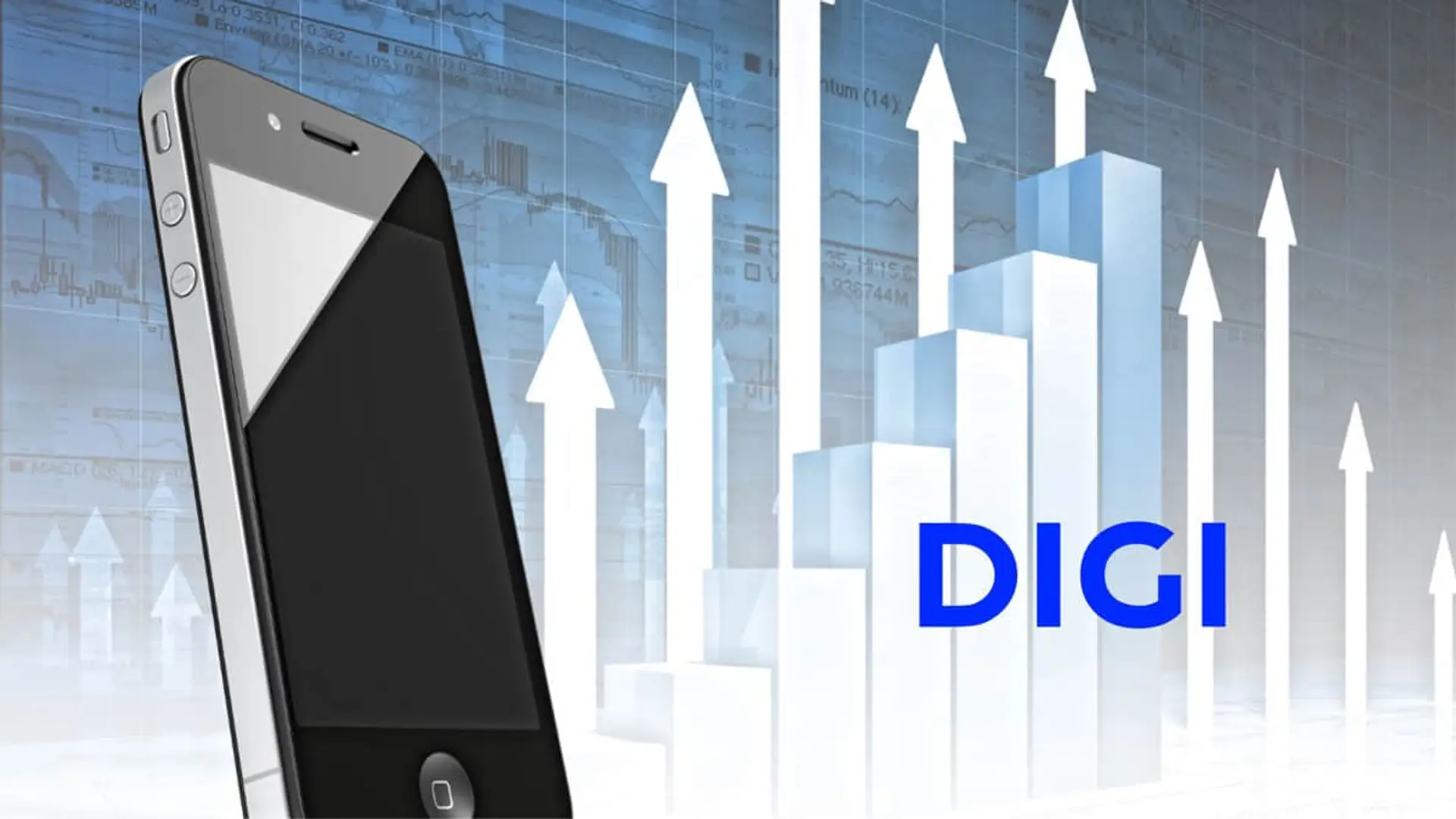 Crecimiento de DIGI: logo de la operadora junto a un móvil y gráfico de barras ascendente simbolizando su éxito.