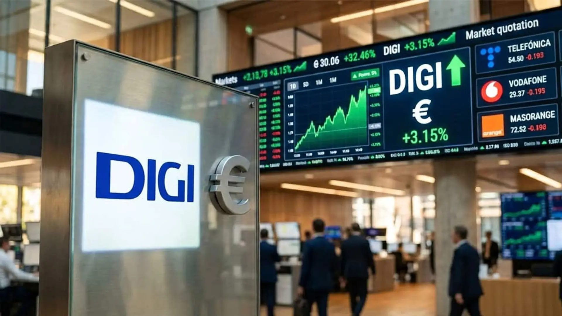 Logotipo de Digi junto a un panel bursátil con un gráfico ascendente y cotizaciones de Telefónica, Vodafone y MasOrange