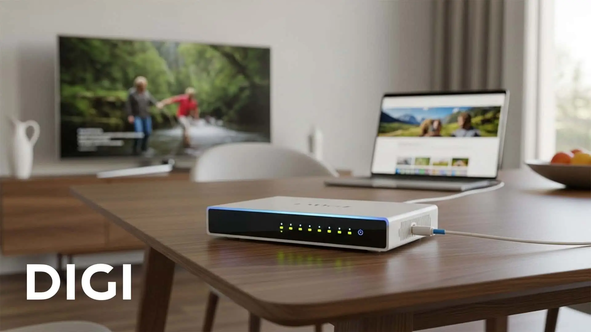 Conexión a internet de fibra óptica de alta velocidad para el hogar con router WiFi de DIGI.