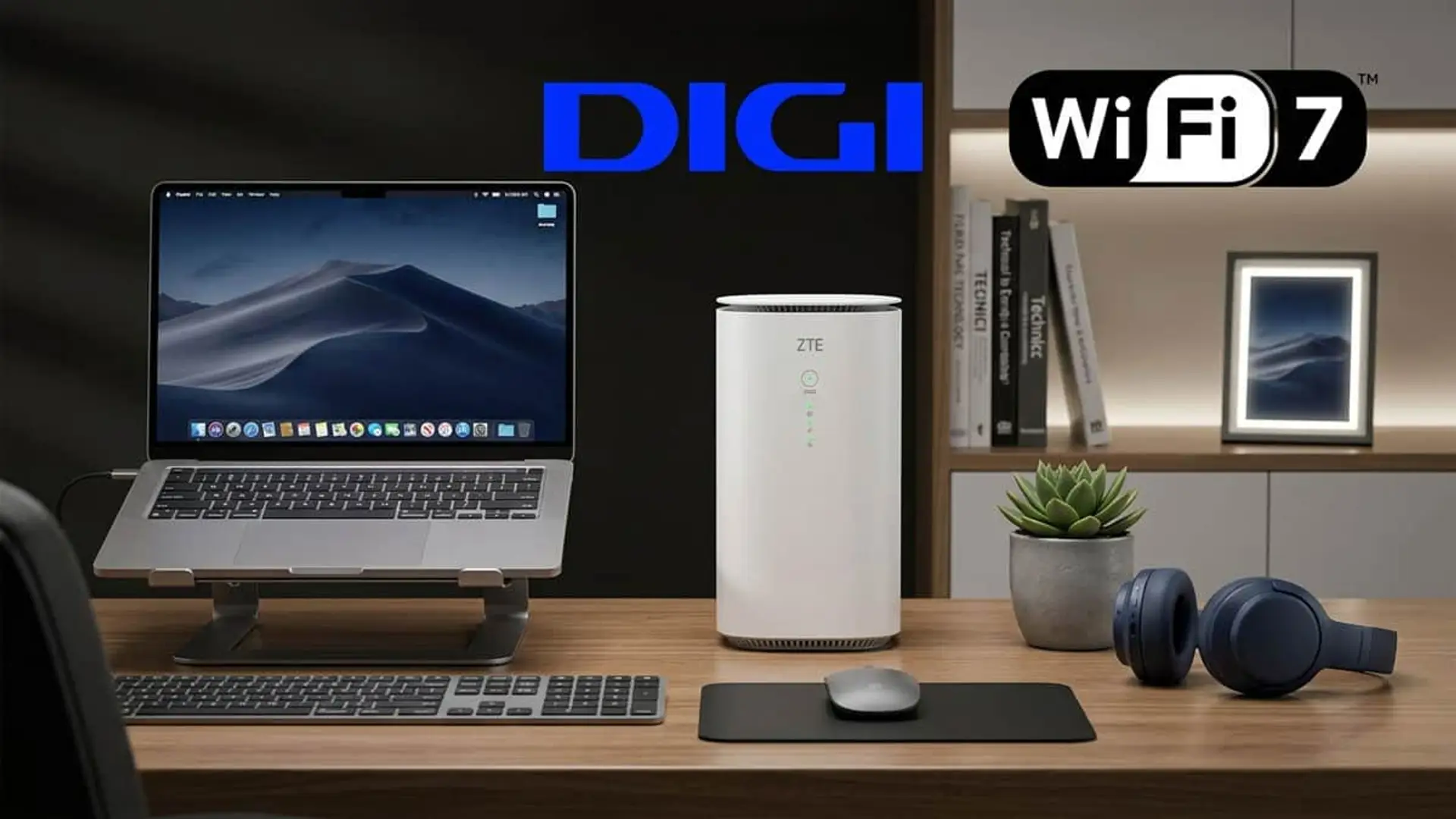 Router ZTE de DIGI con Wi-Fi 7 en un escritorio con ordenador portátil y auriculares para teletrabajo.