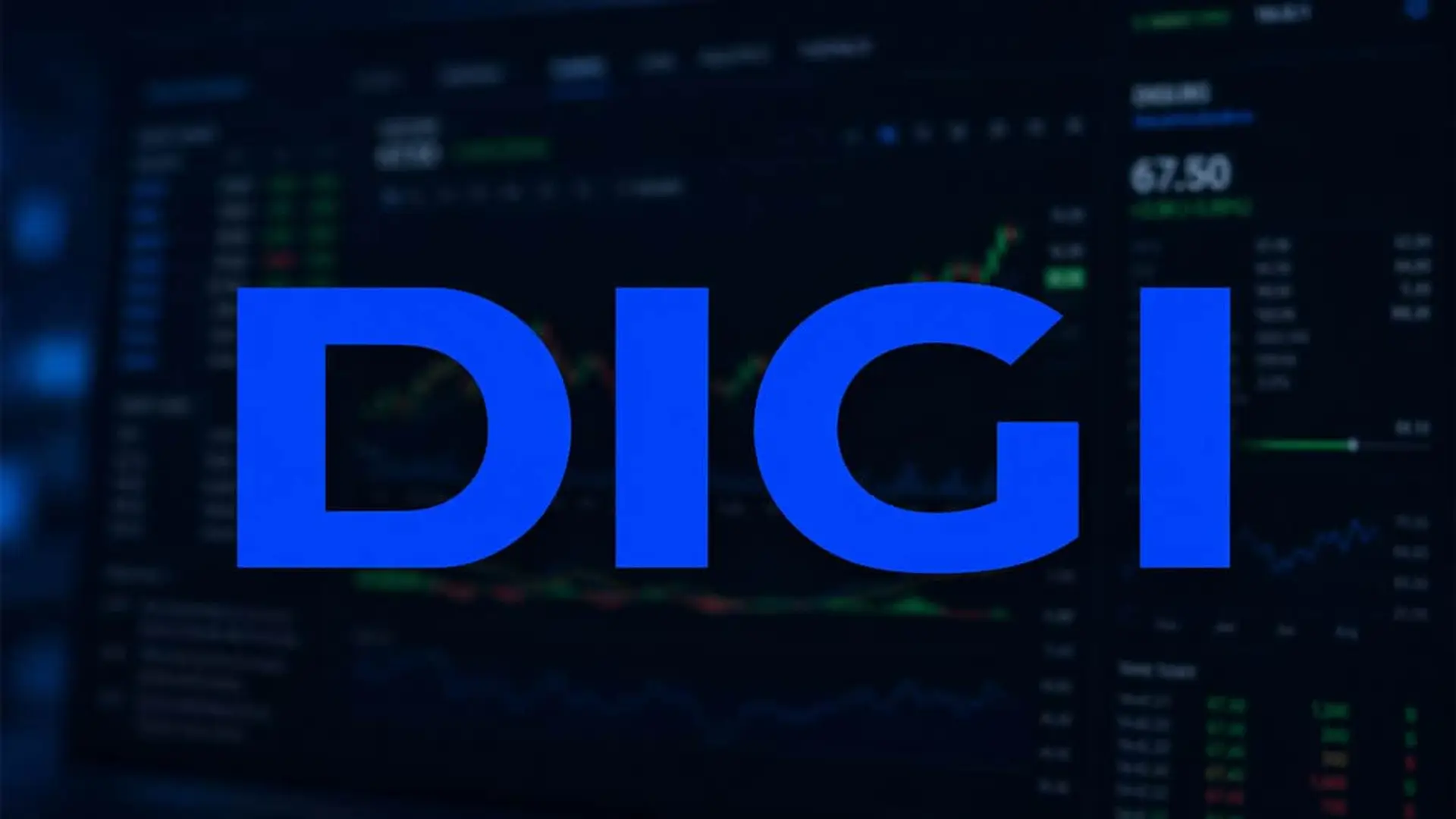 Logo de DIGI en azul sobre fondo de pantalla de bolsa y mercados financieros
