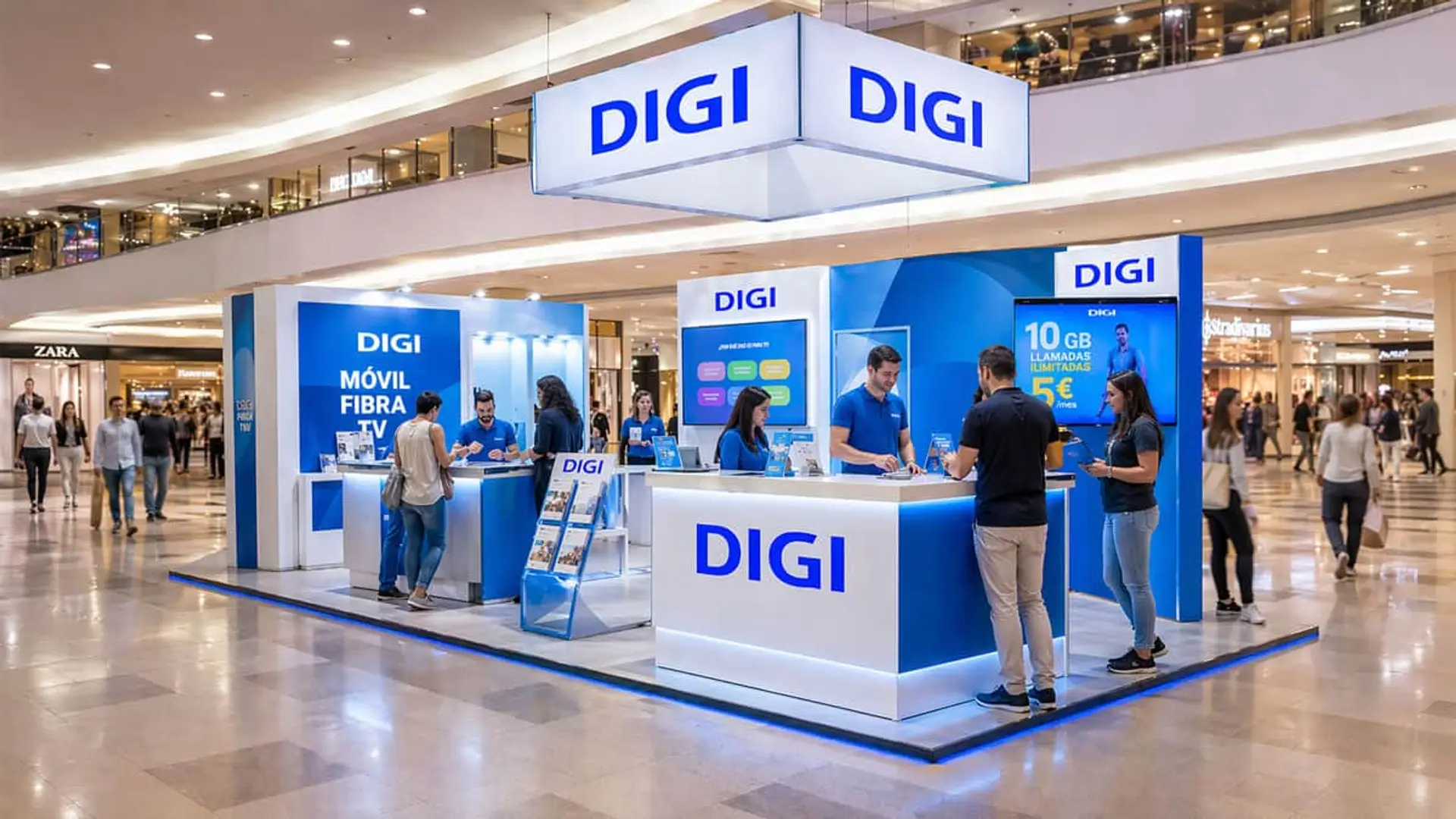 Stand de DIGI en centro comercial con agentes atendiendo clientes.