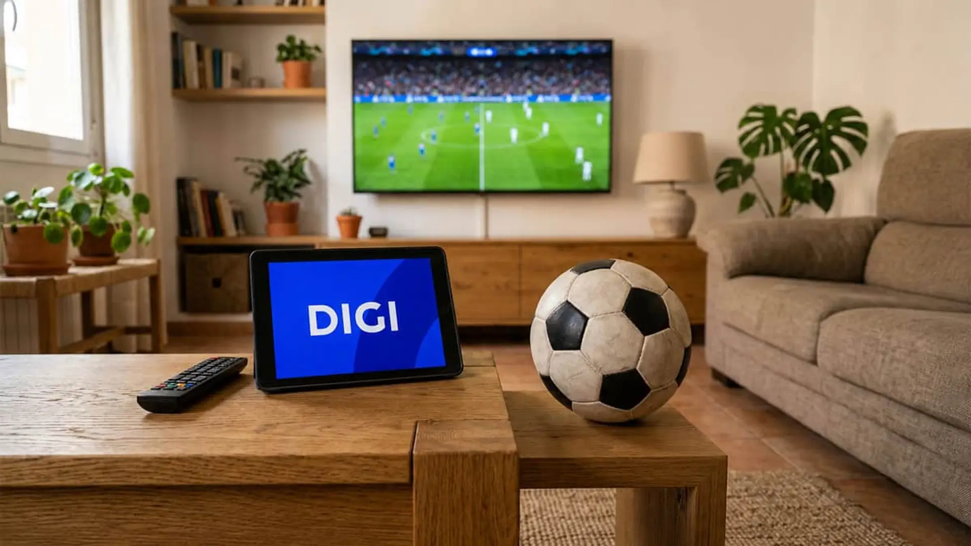 Tablet con el logo de DIGI junto a un balón de fútbol y un televisor mostrando un partido.