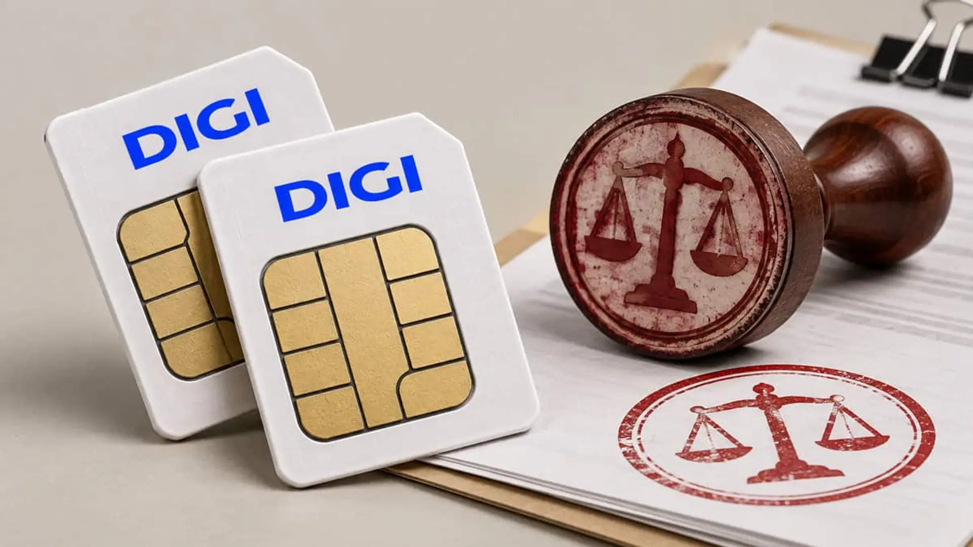 Tarjetas SIM de DIGI junto a un sello con el símbolo de la justicia