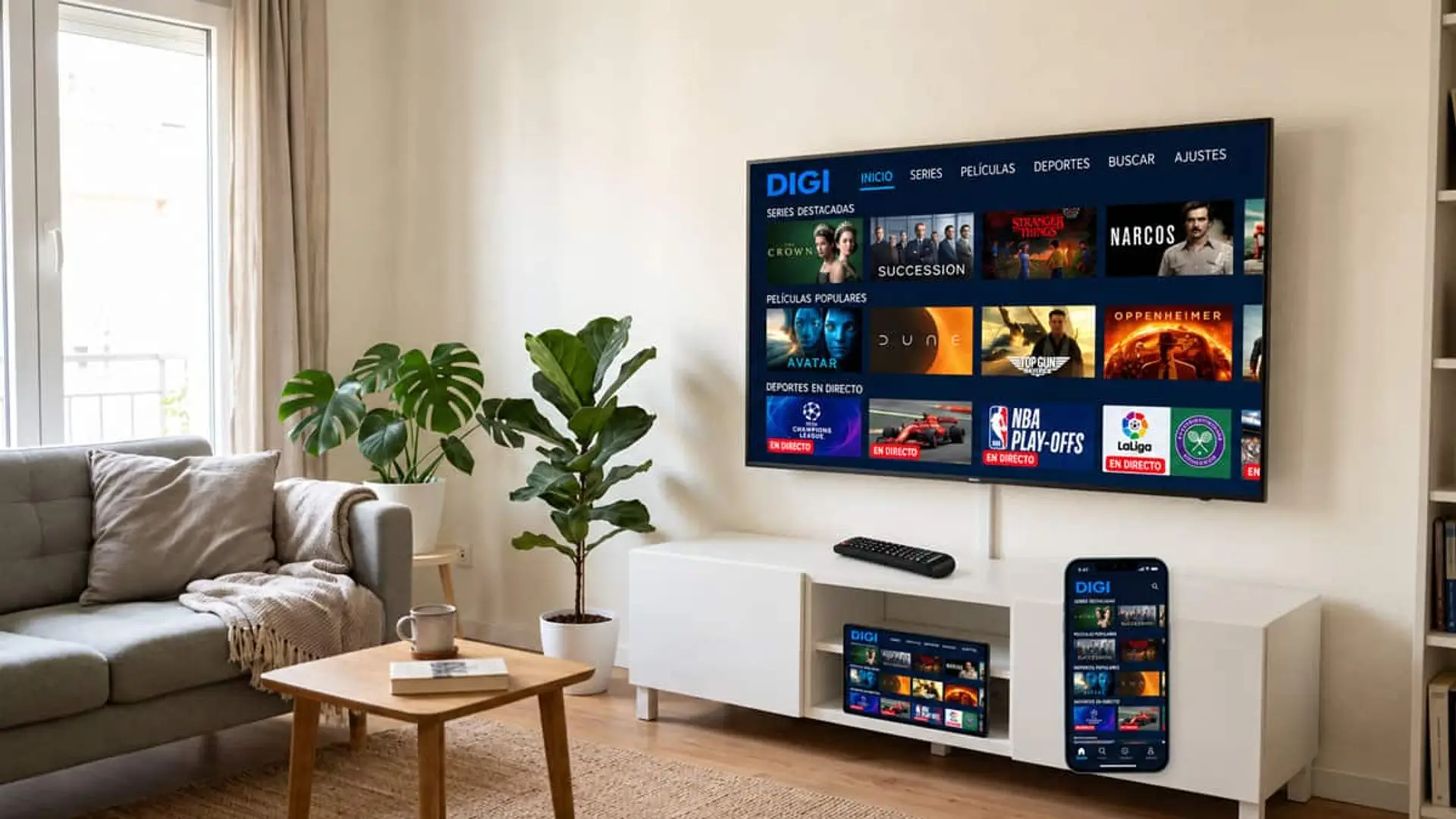Televisor con la interfaz de DIGI, mostrando series, películas y deportes en directo, junto a un móvil con la misma aplicación.