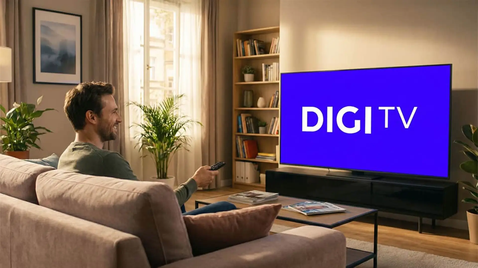 Hombre sentado en el sofá viendo el logotipo de DIGI TV en la pantalla de su televisor.