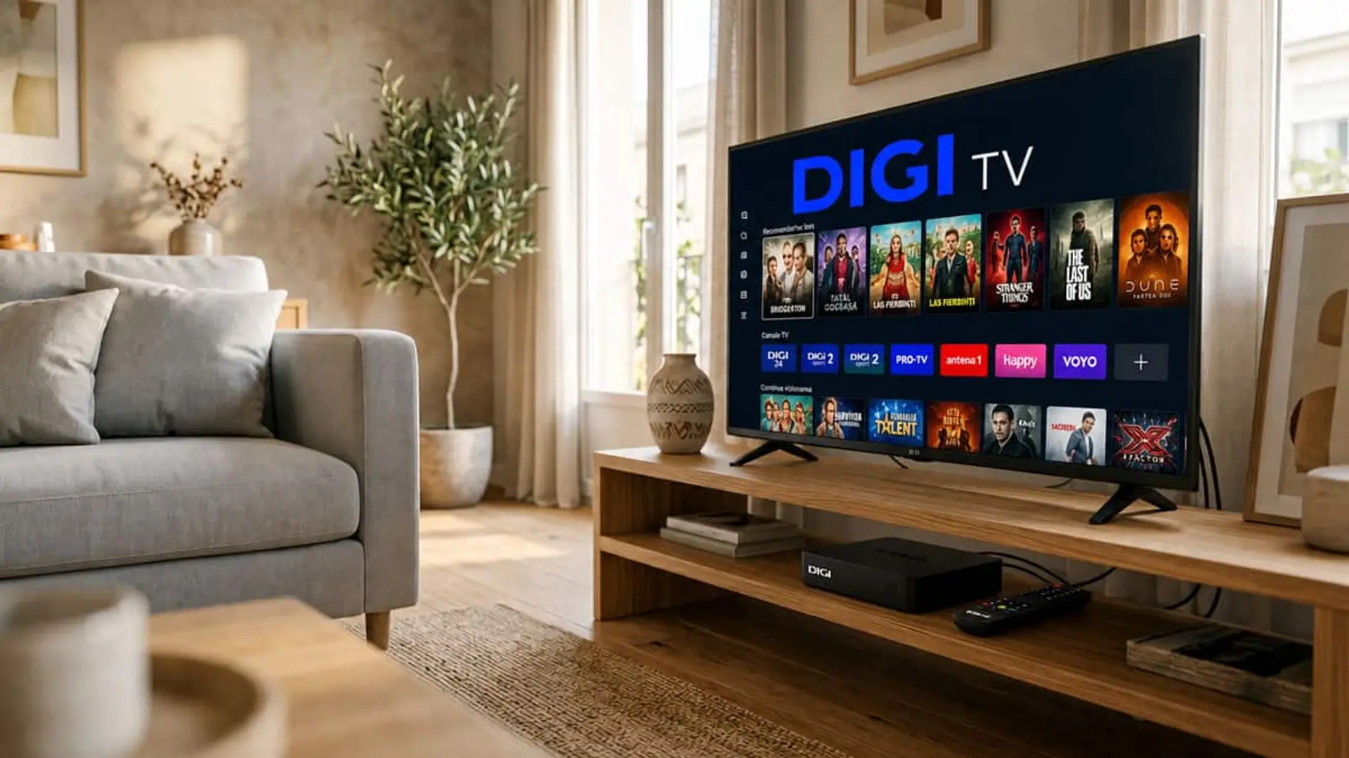 DIGI TV estrena vídeo bajo demanda gratis: 2.000 títulos y meta de 10.000 Alt imagen cabecera: Televisión con la interfaz de DIGI TV junto a un decodificador y un mando a distancia en el salón de una vivienda
