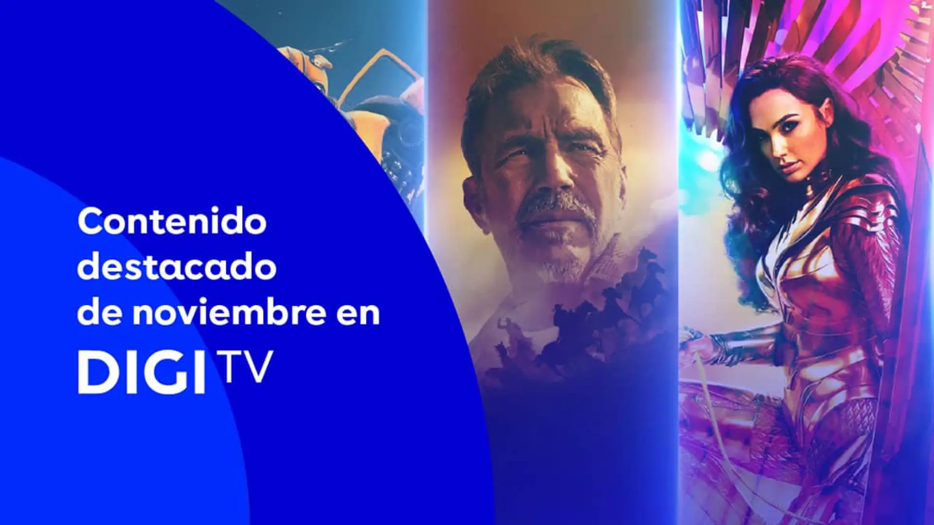 Banner con los estrenos de noviembre en DIGI TV, destacando series como Yellowstone y películas como Wonder Woman.