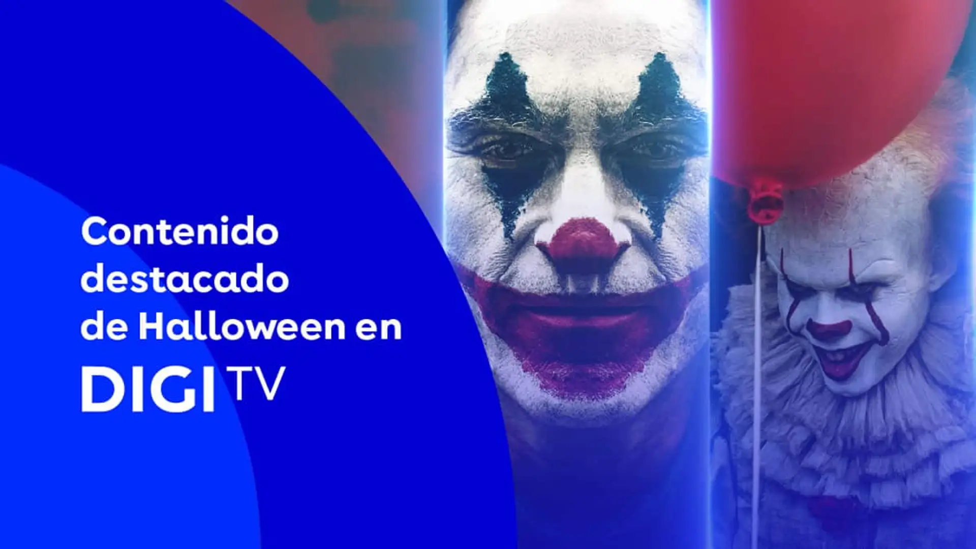DIGI TV celebra Halloween: más de 30 películas y series para una semana de terror Montaje promocional con payasos de terror y el texto “Contenido destacado de Halloween en DIGI TV”.