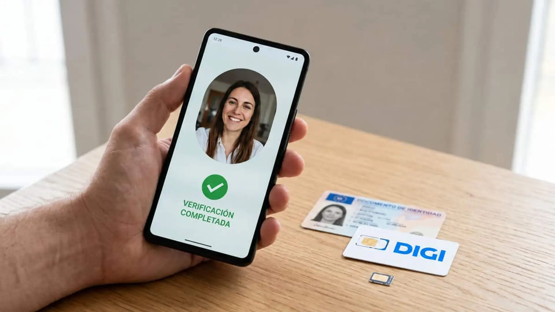Digi activa el duplicado de SIM o eSIM en minutos y no en hasta 48 horas, pero se pide en tienda Mano sosteniendo un móvil con una fotografía de una mujer y el mensaje de verificación completada, junto a un documento de identidad, una tarjeta SIM de Digi y una nano SIM sobre una mesa de madera.