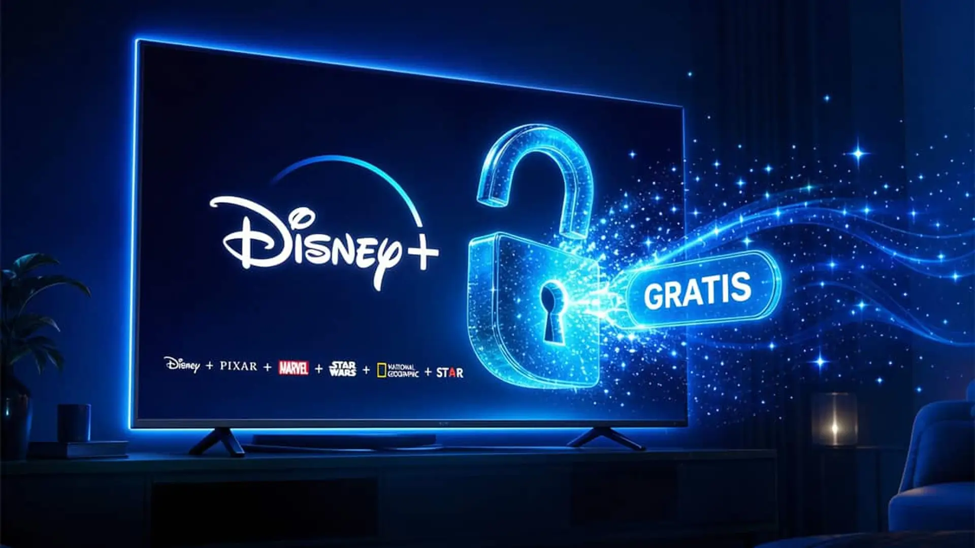 Televisor con el logotipo de Disney+ junto a un candado abierto y la palabra Gratis sobre un fondo azul