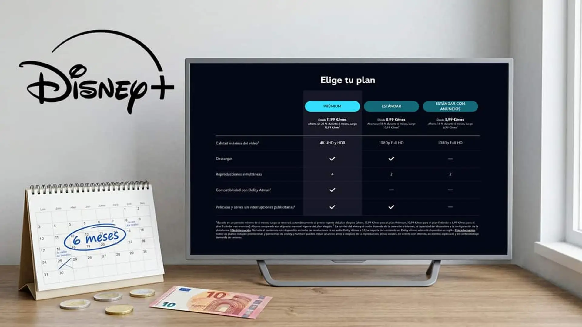 Disney+ vuelve a rebajar sus tres planes hasta un 25% durante seis meses: lo que te exigen Televisión con los planes y precios de Disney+ junto a un calendario de seis meses y monedas de euro