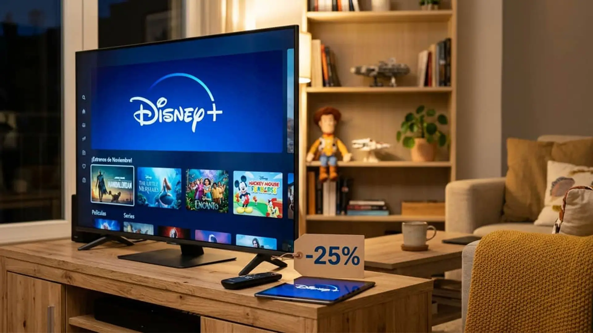 Televisor con Disney+ abierto en un salón y cartel de descuento del 25% junto a un mando y una tablet.
