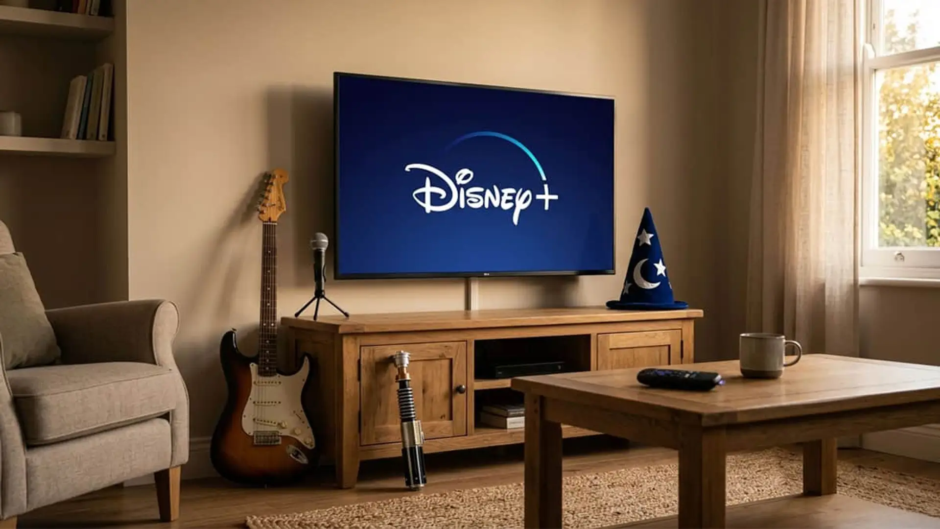 Televisor con Disney Plus en un salón equipado con guitarra y accesorios temáticos