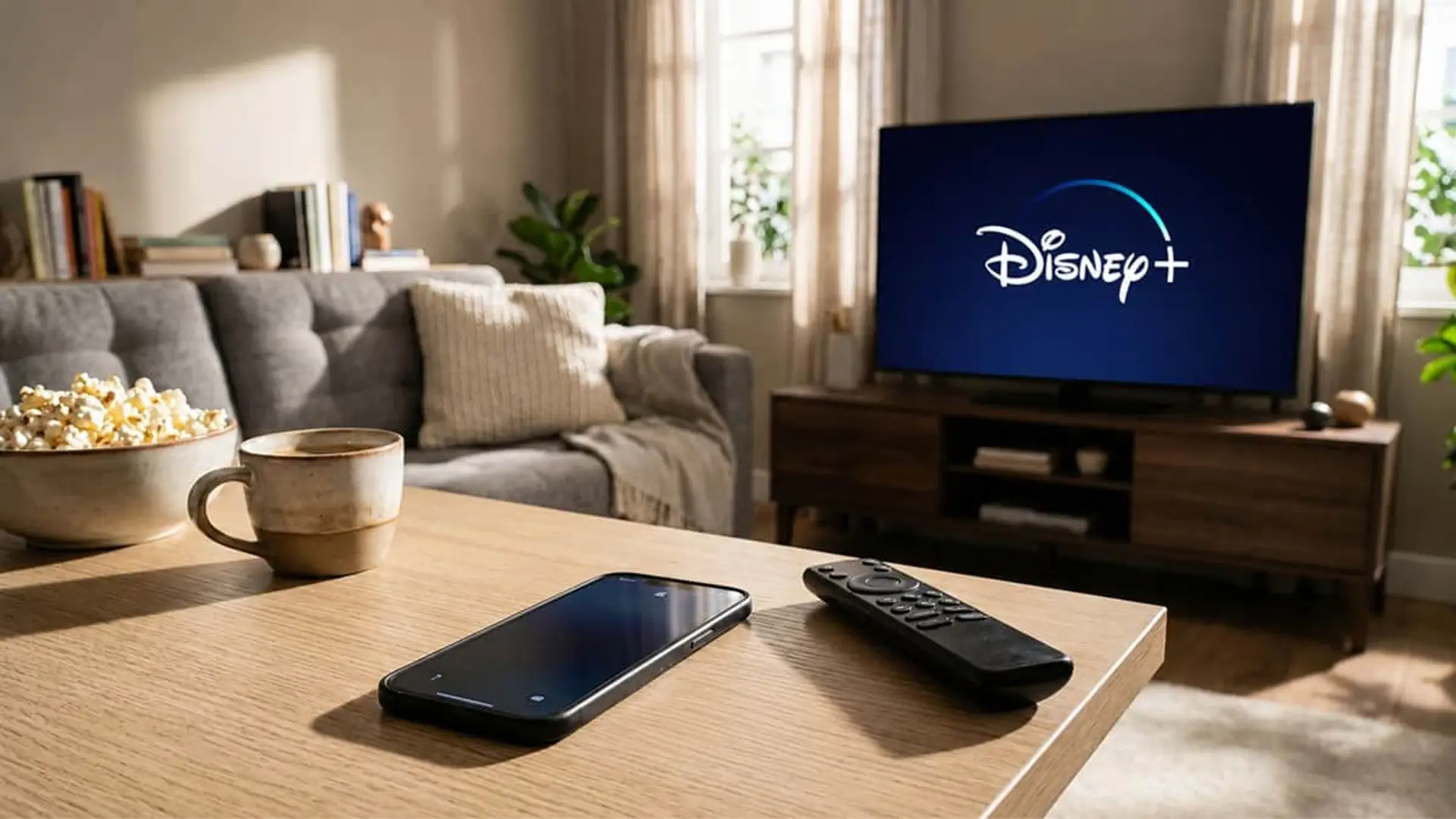 Disney+ rebaja el precio de sus planes: hasta 15 euros de ahorro en tres meses Sala acogedora con Disney+ en la TV, móvil, mando, café y palomitas sobre mesa de madera