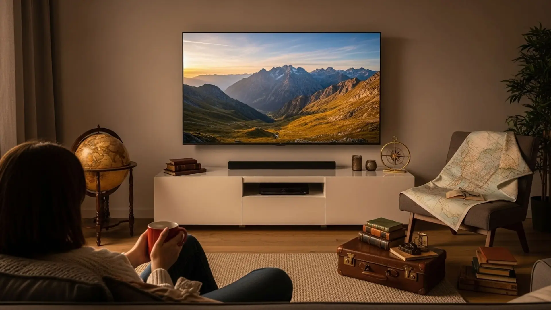 Persona viendo documental de paisajes montañosos en televisión desde un sofá con temática de viaje