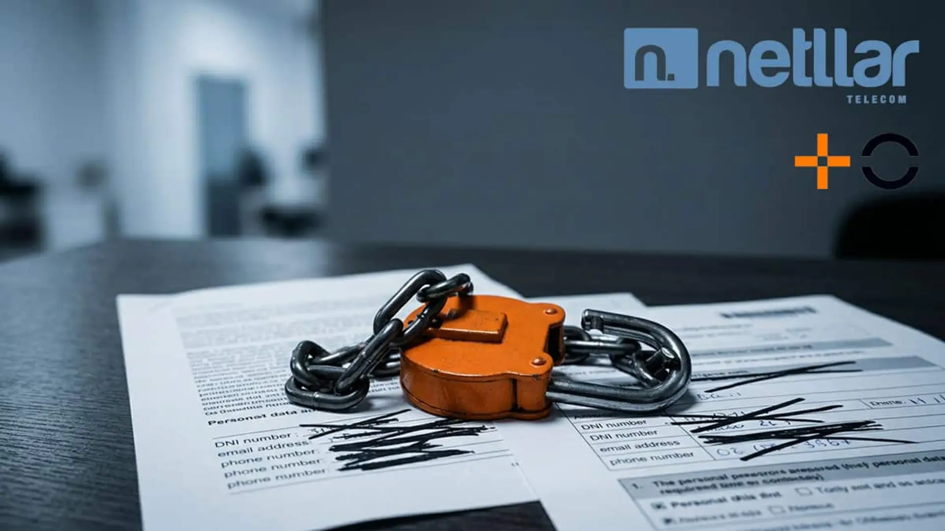 DNI, teléfonos y datos contractuales de Netllar: un actor de la dark web afirma tener más de 50.000 registros Documentos con datos personales tachados y un candado sobreimpreso, con los logotipos de Netllar y MasOrange en la imagen