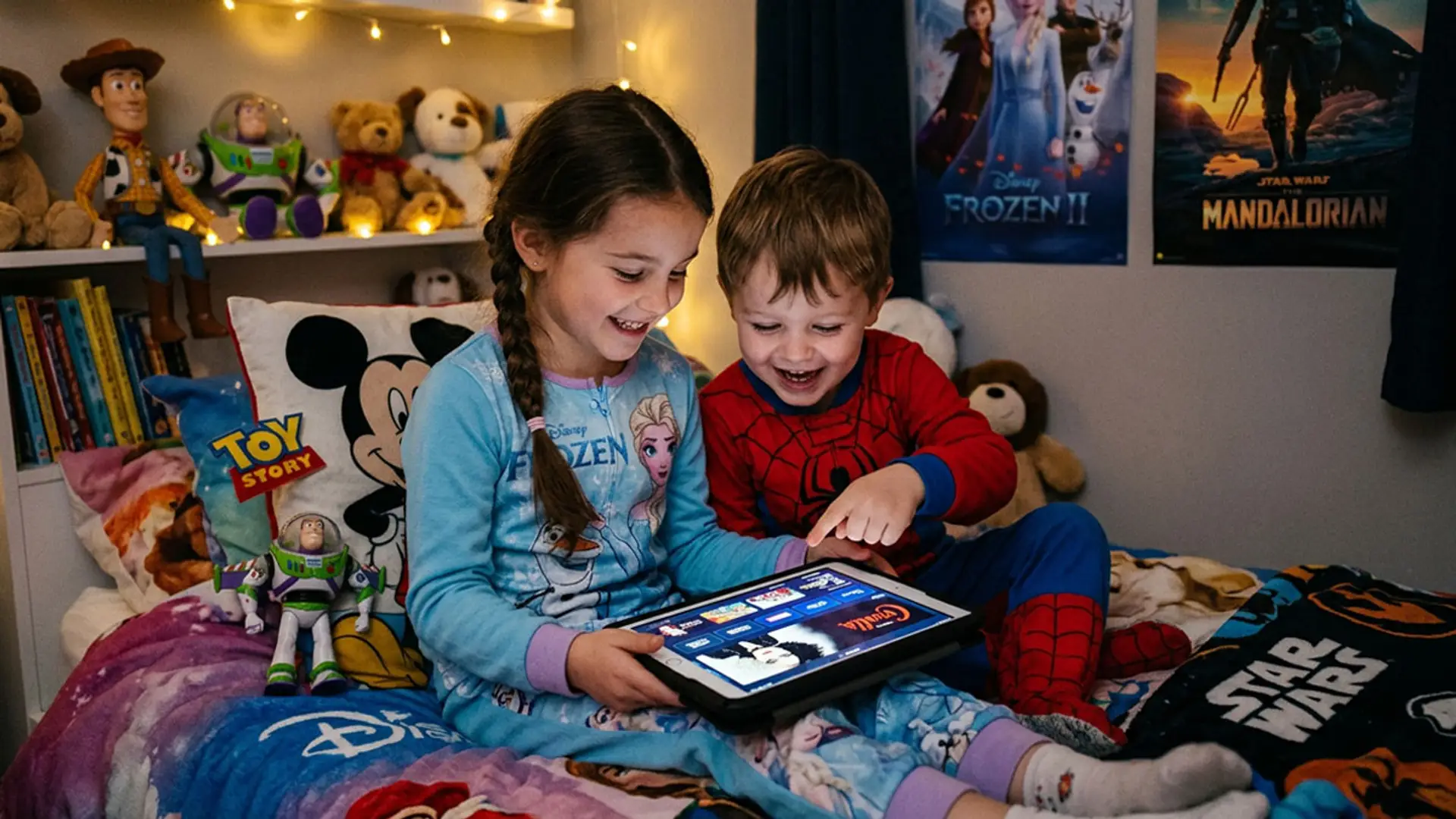 Dos niños con una tablet sentados en una cama en una habitación decorada con personajes y pósteres de Disney