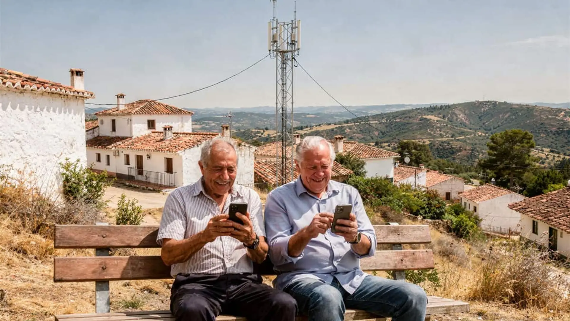 Dos hombres de edad avanzada, sentados en un banco en un entorno rural mientras están mirando sus telefonos móviles.