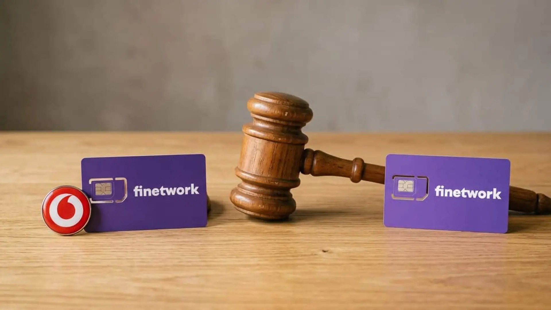Hay dos Finetwork a la venta: Wewi mantiene la marca tras el 10 de octubre y Vodafone también Dos tarjetas SIM moradas con el logotipo de Finetwork separadas por un mazo de juez de madera, con el logotipo de Vodafone junto a una de ellas.