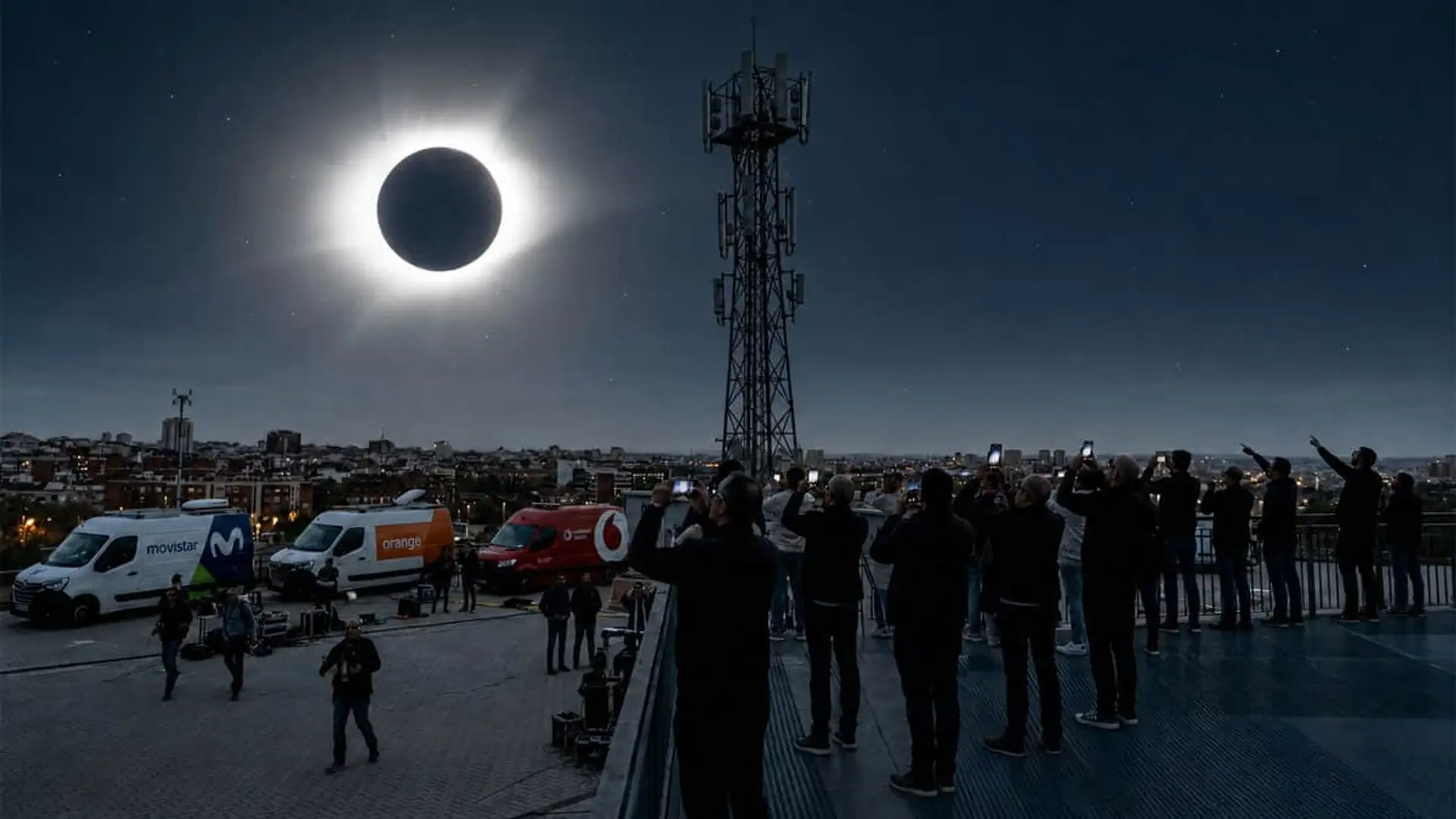 Telefónica, MasOrange y Vodafone blindan su red ante el primer eclipse total desde 1912 Eclipse solar junto a una torre de telecomunicaciones y vehículos de operadores móviles