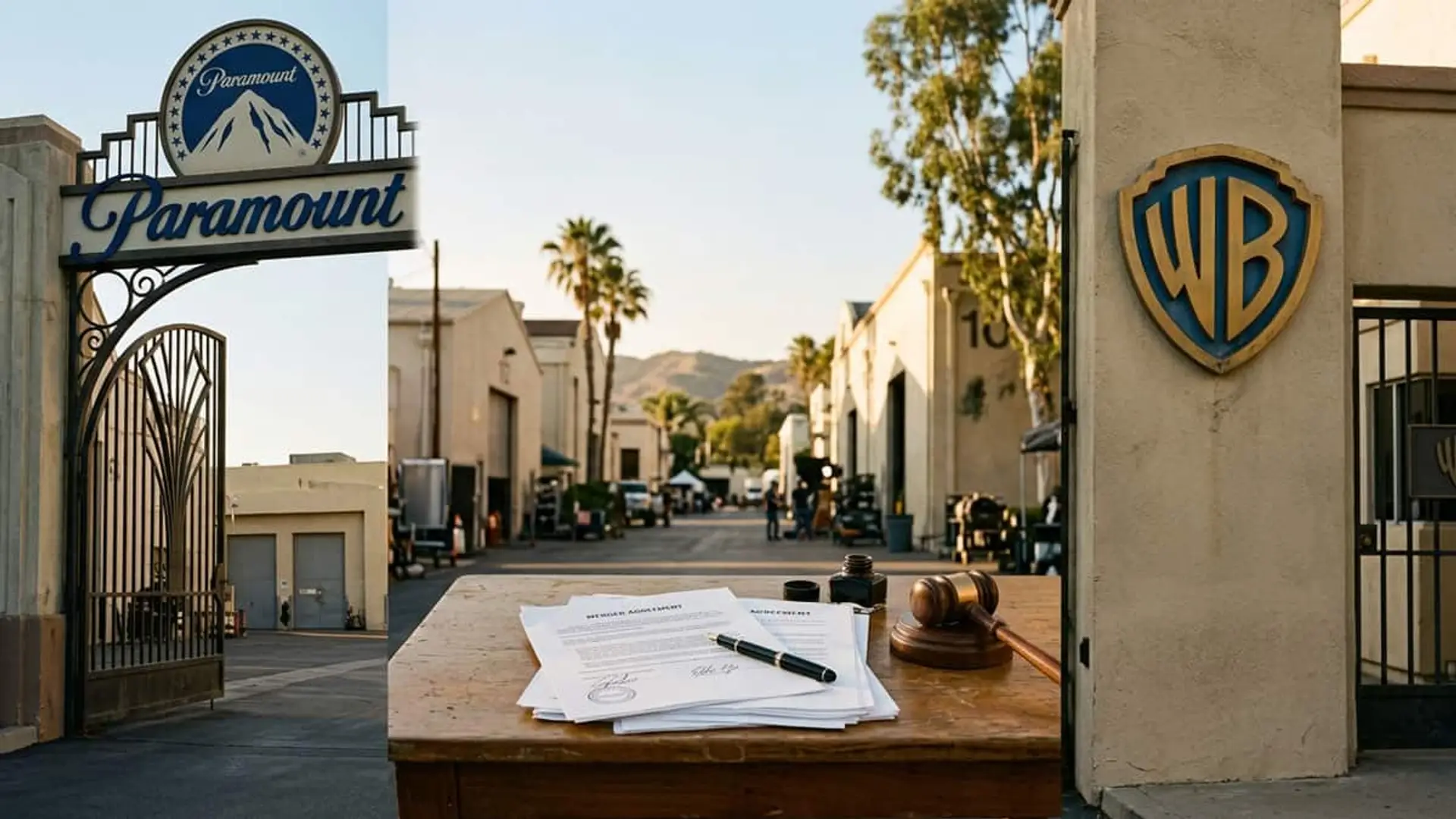 La compra de Warner por Paramount se desbloquea: entre 30 y 32 estrenos al año en cines Entrada de los estudios Paramount y Warner Bros. con documentos, una pluma y un mazo sobre una mesa