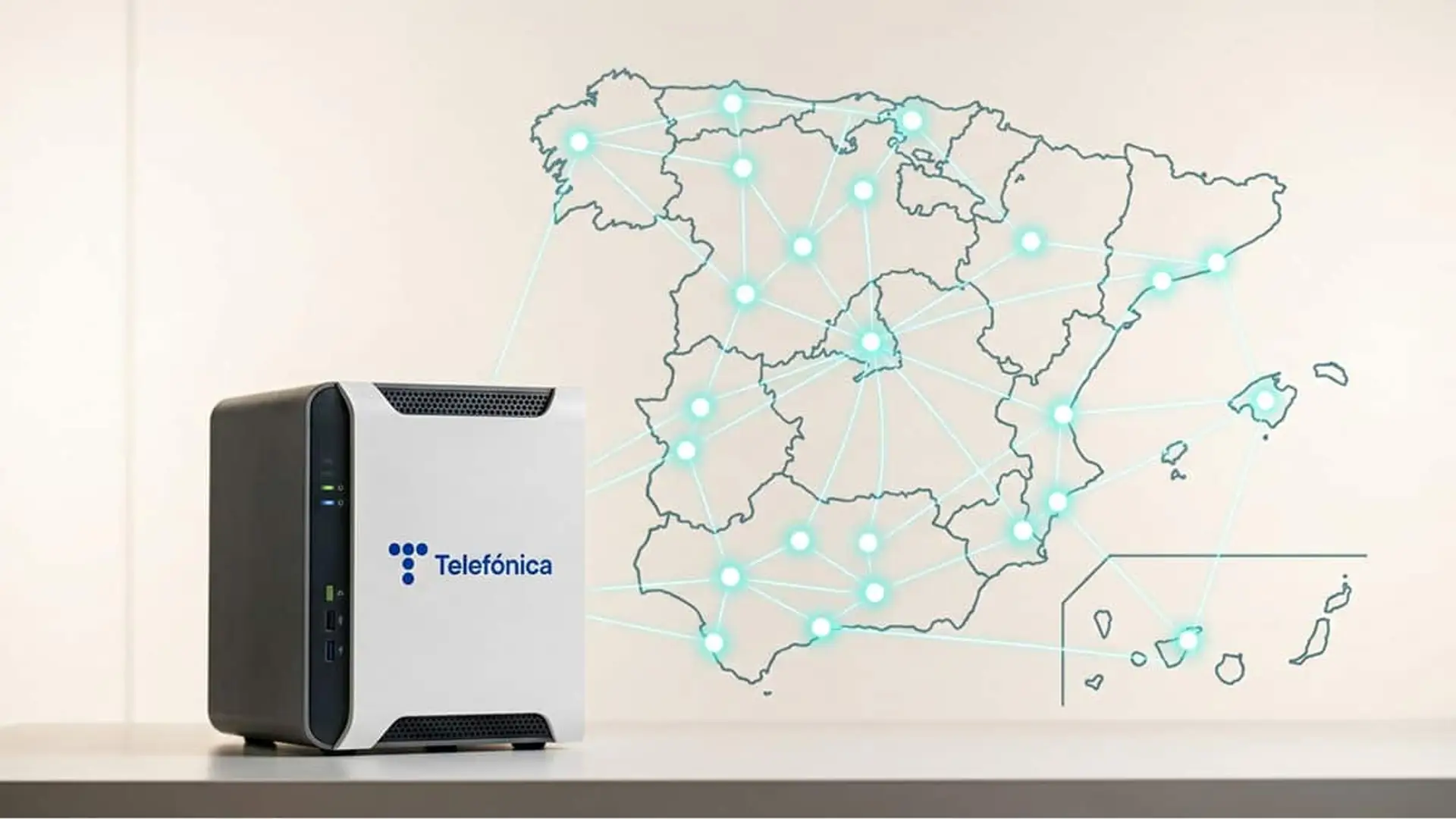 Telefónica permite acceder a potencia de IA desde 17 puntos de España sin comprar hardware Equipo de Telefónica junto a un mapa de España con nodos y líneas de conexión