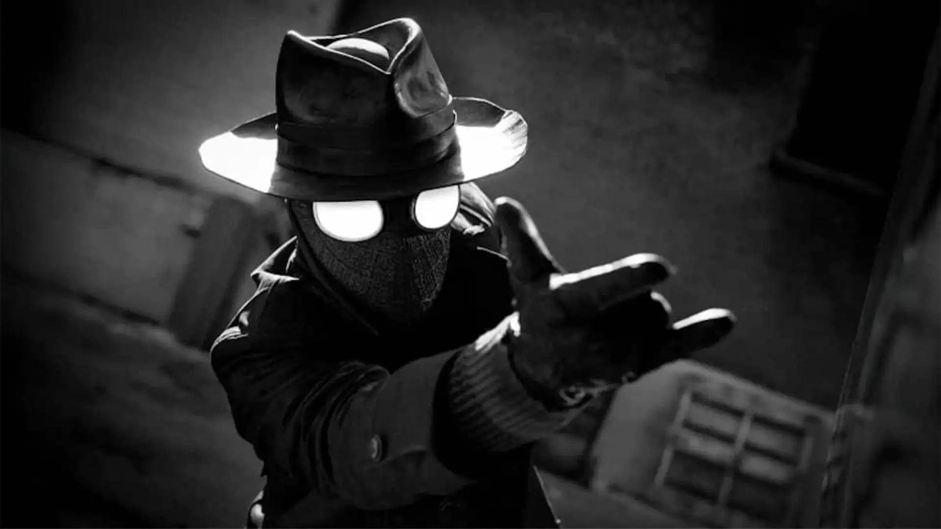 Fotograma de la serie Spider-Noir, en blanco y negro y con el hombre araña haciendo el gesto de lanzar una telaraña.