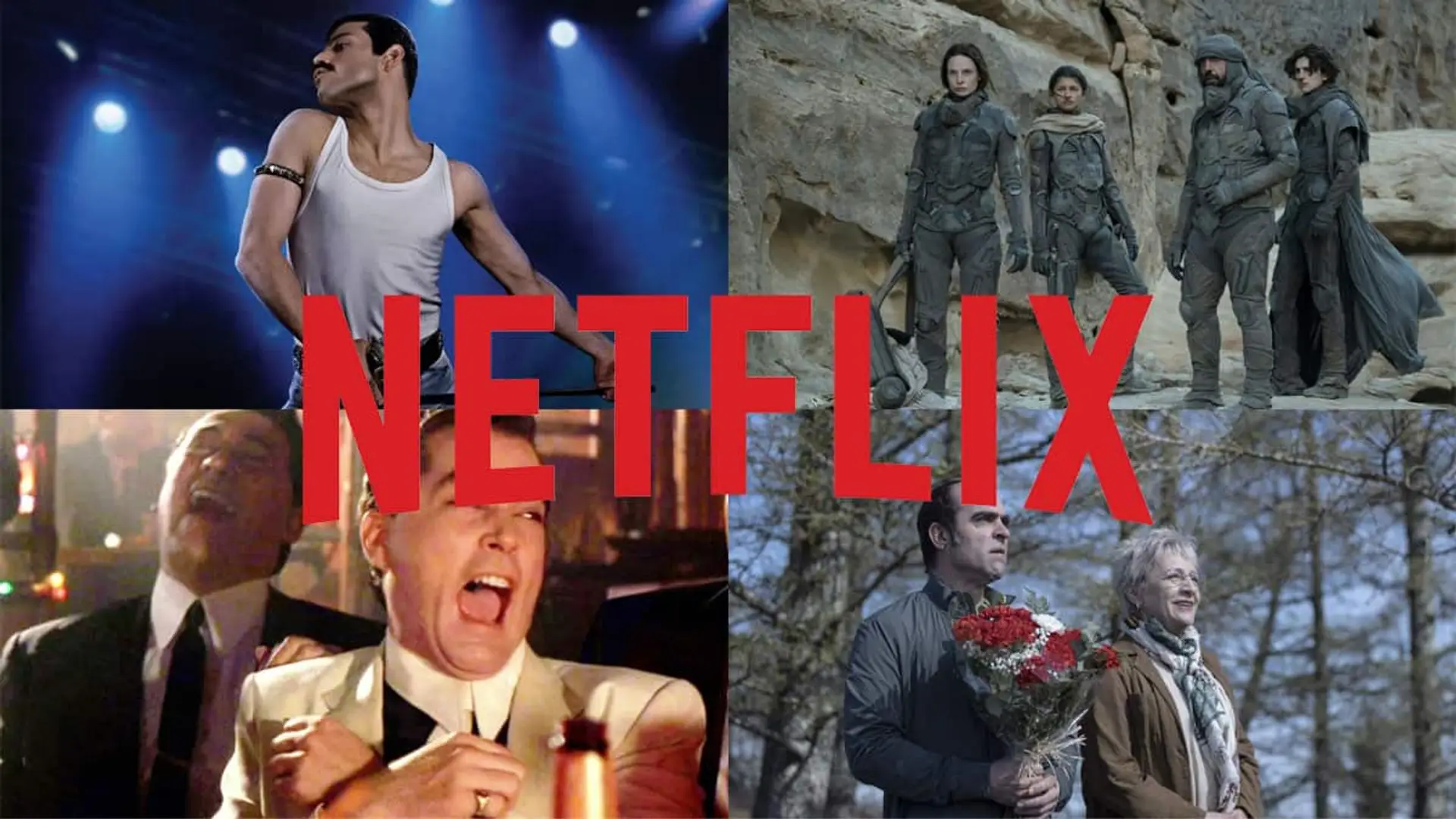 Escenas de las películas Bohemian Rhapsody, Dune, Uno de los nuestros y Maixabel, con el logo de Netflix sobreimpresionado