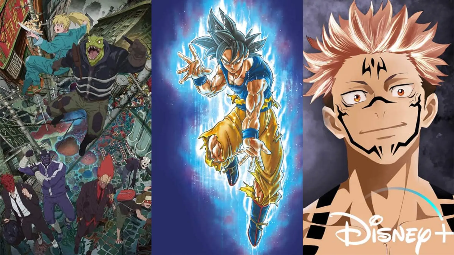 Montaje con escenas de Dorohedoro, Dragon Ball Super y Jujutsu Kaisen con el logotipo de Disney Plus