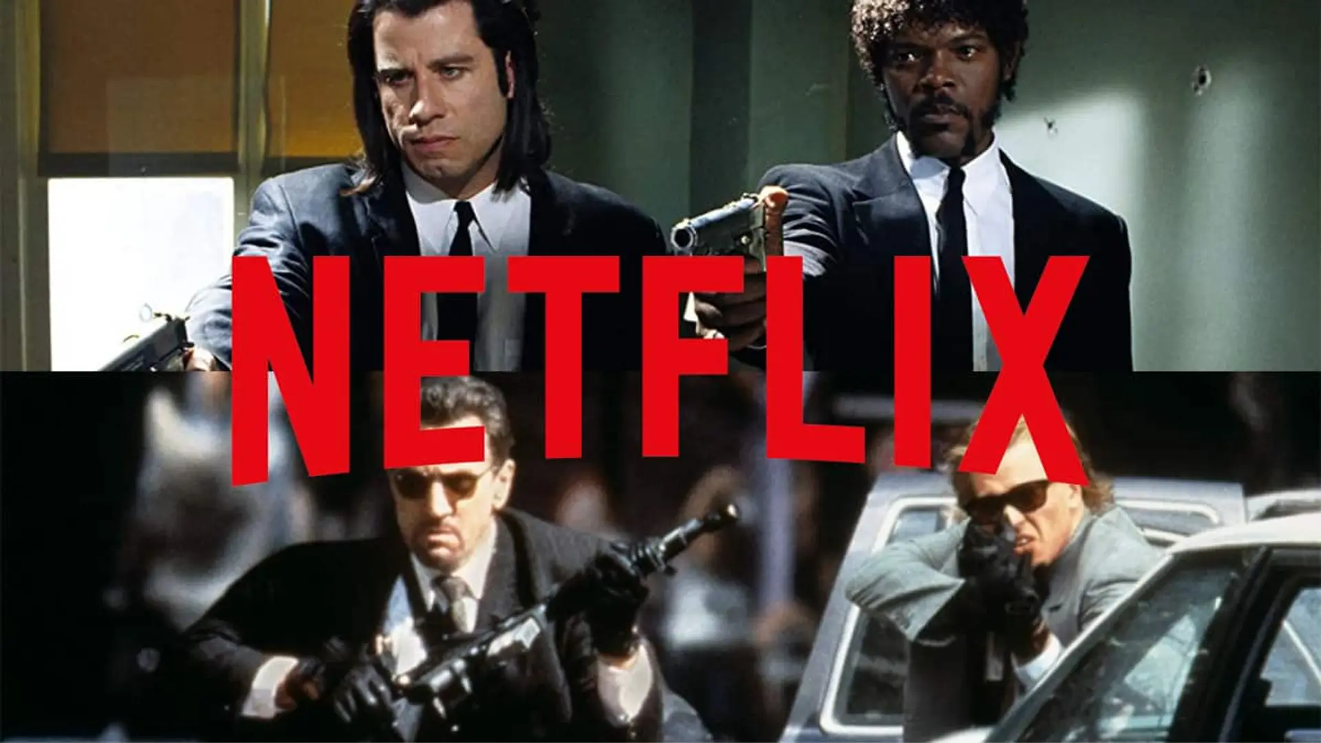Montaje de escenas de películas de acción Pulp Fiction y Heat y el logotipo de Netflix sobre la imagen