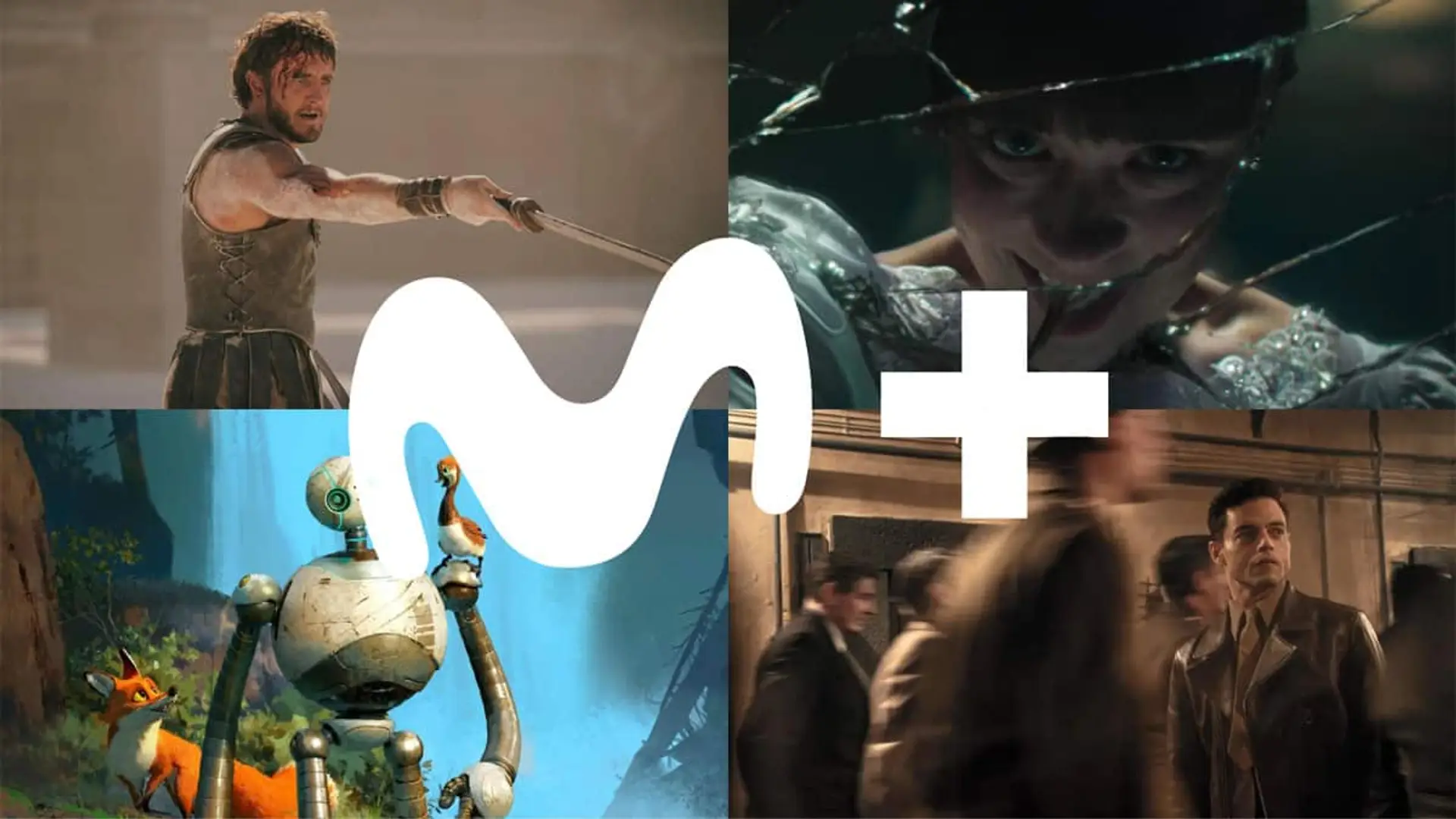 Montaje de fotogramas de las películas Gladiator II, Expediente Warren: El último rito, Robot salvaje y Núremberg con el logo de Movistar Plus en el centro.