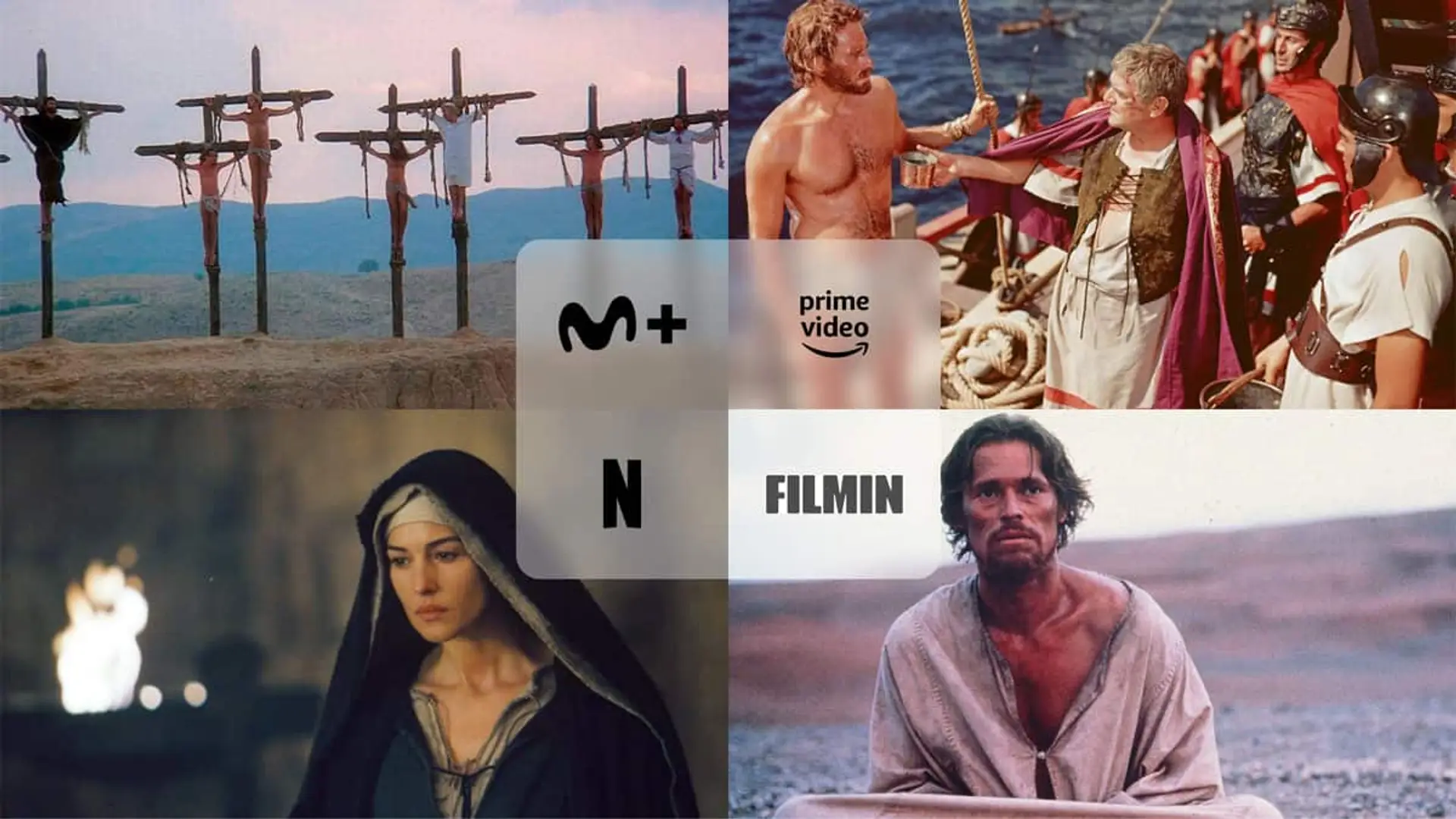 Escenas de películas La vida de Brian, La pasión de Cristo, La última tentación de Cristo y Ben Hur