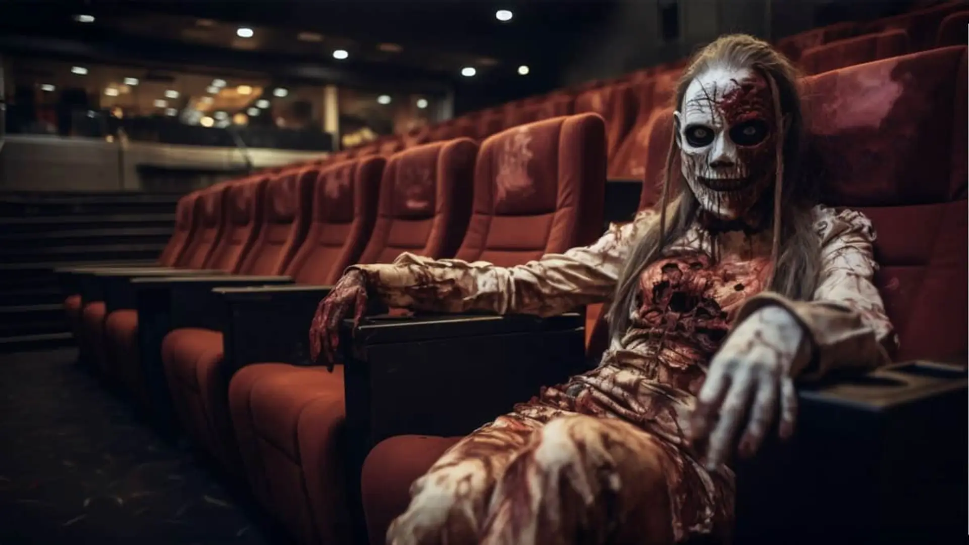 Una terrorífica mujer zombi, cubierta de sangre y heridas, sentada sola en la butaca de una sala de cine oscura y vacía.