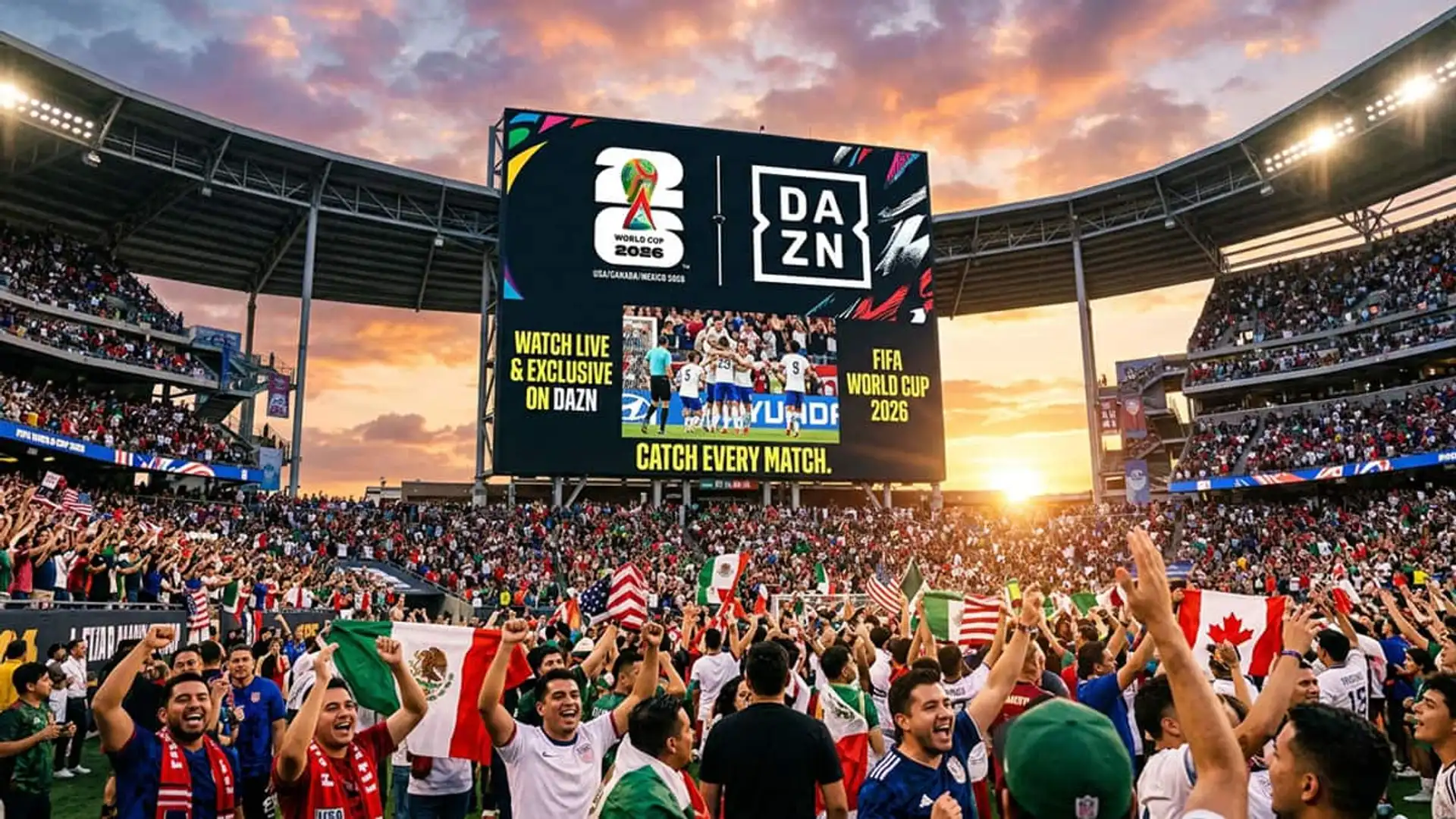 DAZN incluye el Mundial 2026 en su Plan Premium y lo ha abaratado 144 euros al año: la oferta caduca el 24 de mayo Estadio lleno de aficionados con una gran pantalla que muestra DAZN y la Copa Mundial de la FIFA 2026