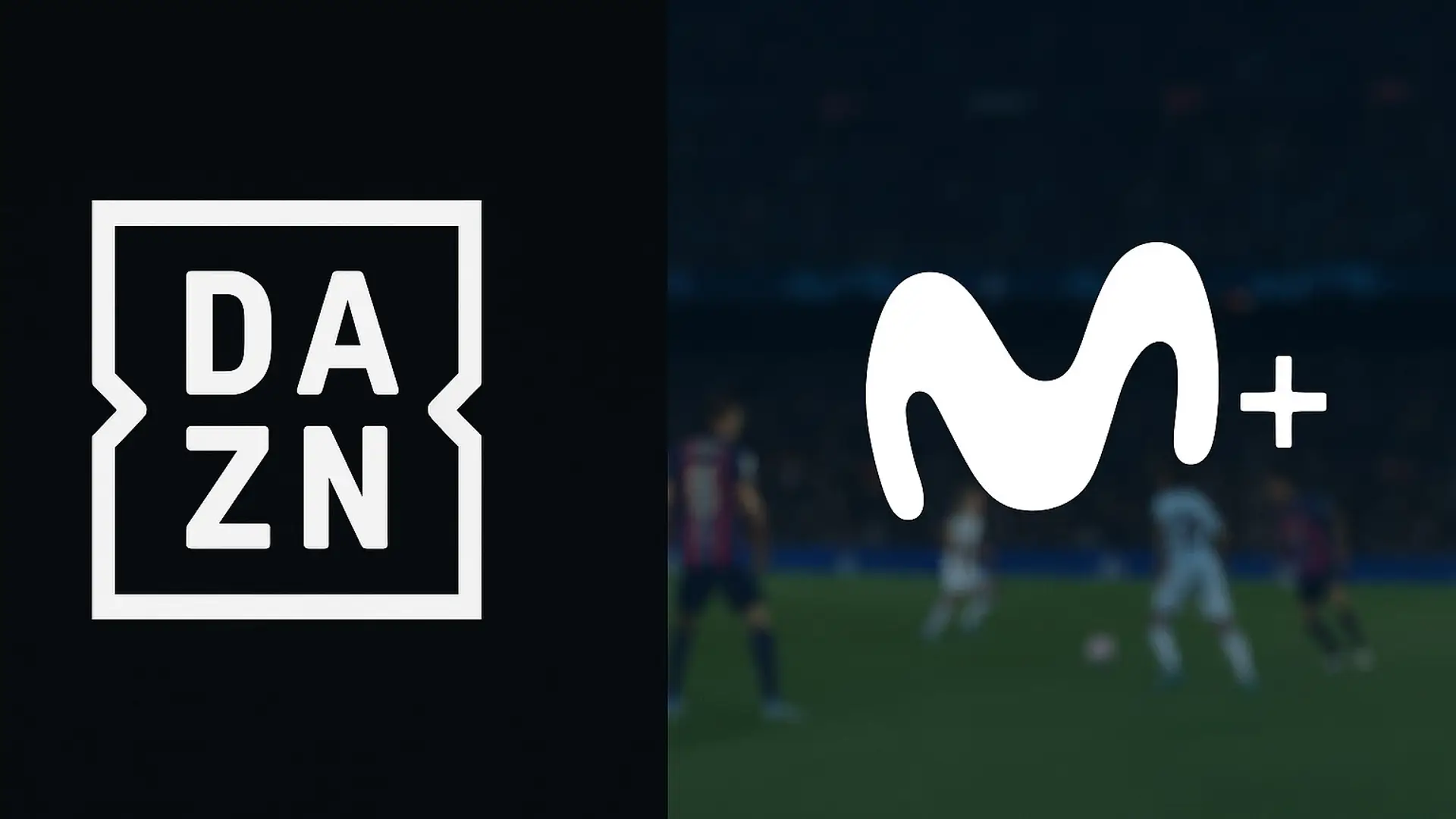 Logotipos de DAZN y Movistar+ sobre un fondo de un partido de fútbol de LaLiga, mostrando la alianza para retransmitir los partidos.