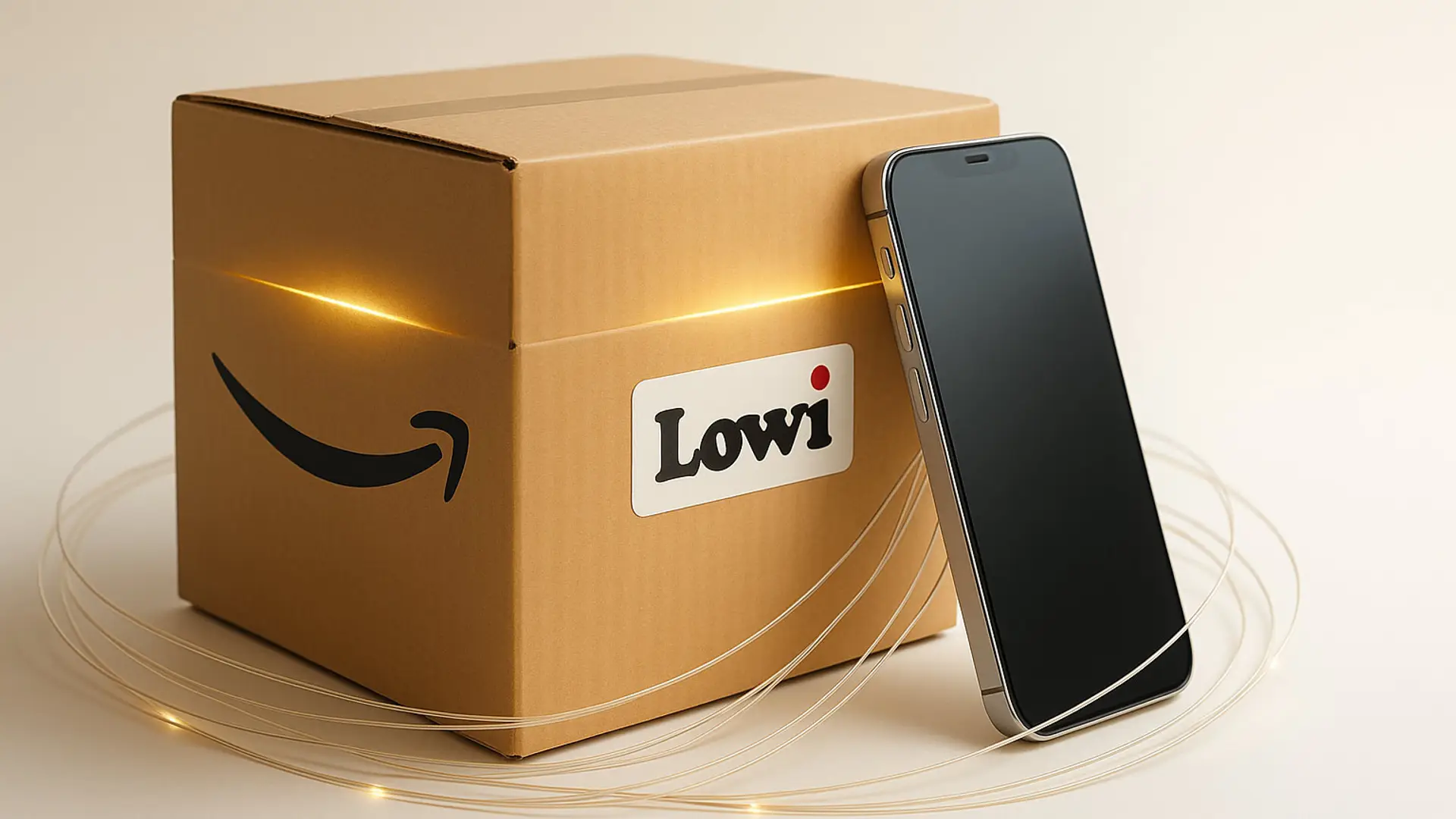Caja de Amazon con el logo de Lowi y un smartphone, rodeados por un cable de fibra óptica brillante.